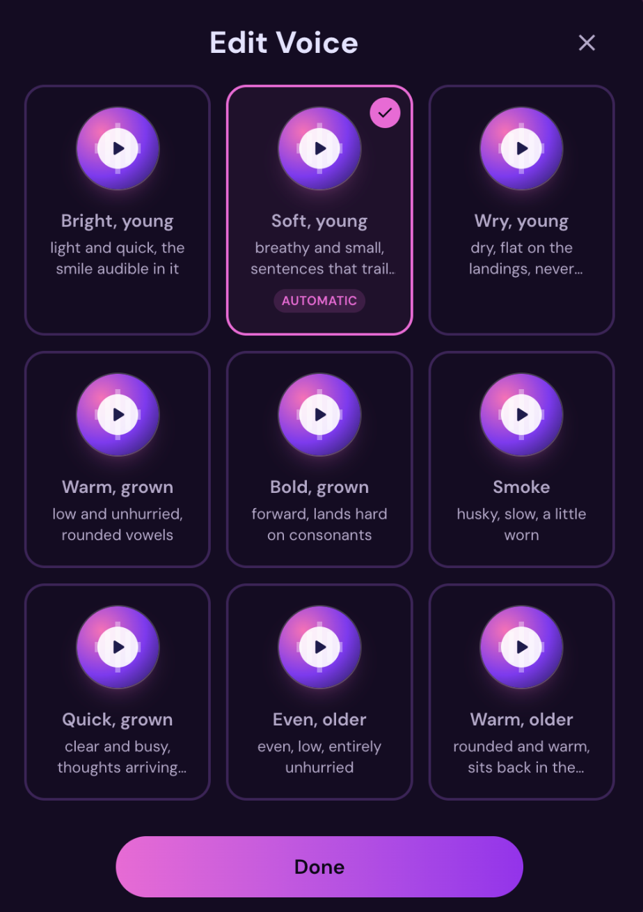 Voice options on myVirtual.love, from Wry, young to Even, older