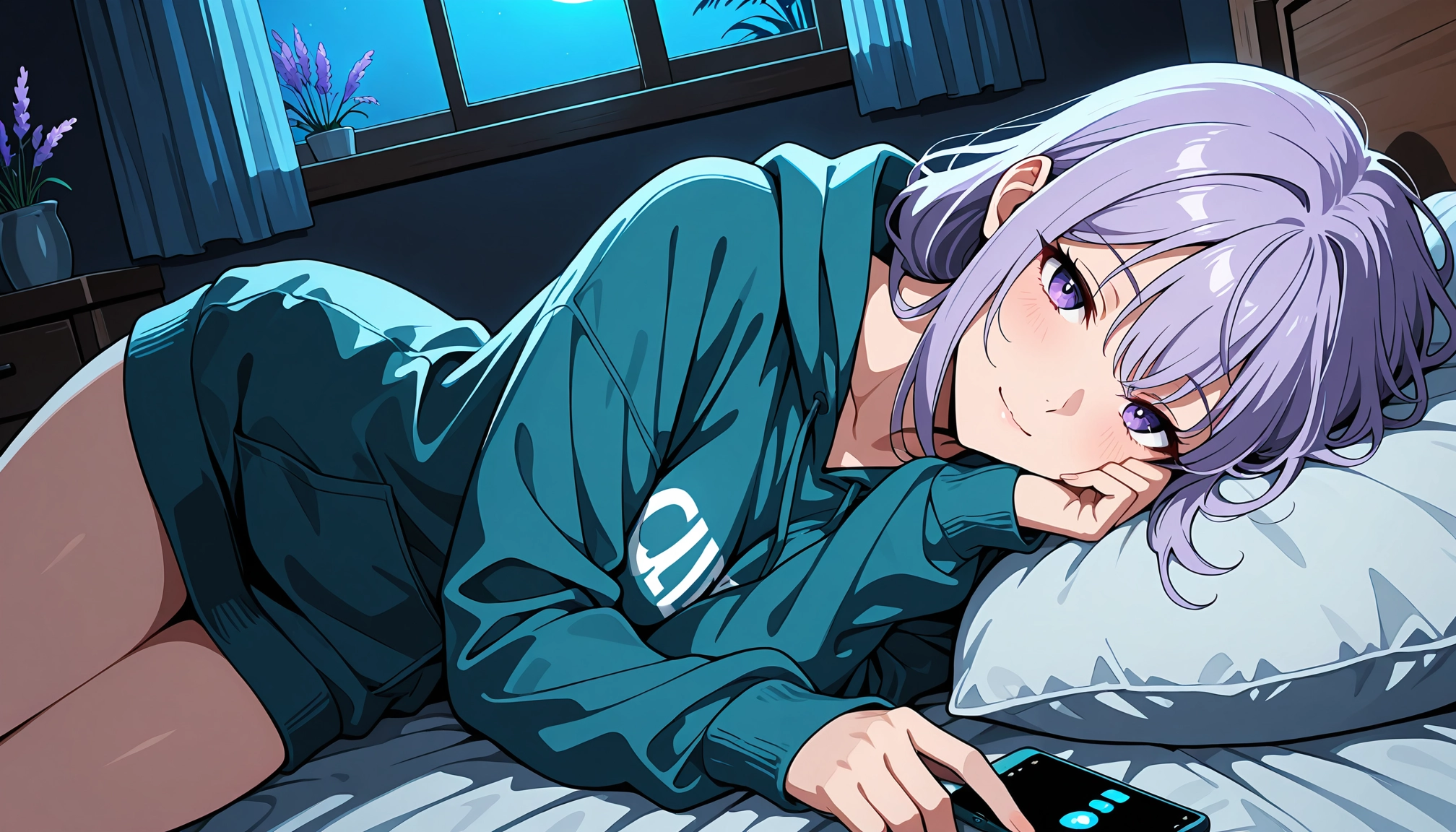 Anime woman with lavender hair in a teal hoodie lying in bed at night, her head on the pillow and a phone in her hand