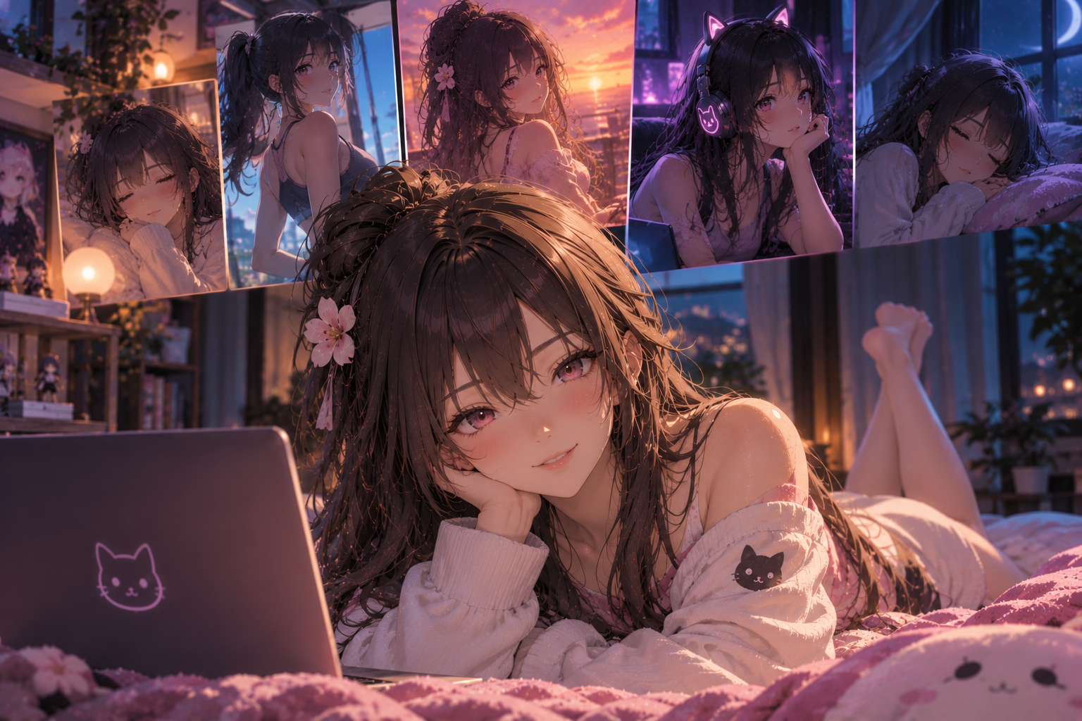 An anime companion lying on her bed at a laptop, with pictures of her in other scenes on the wall above