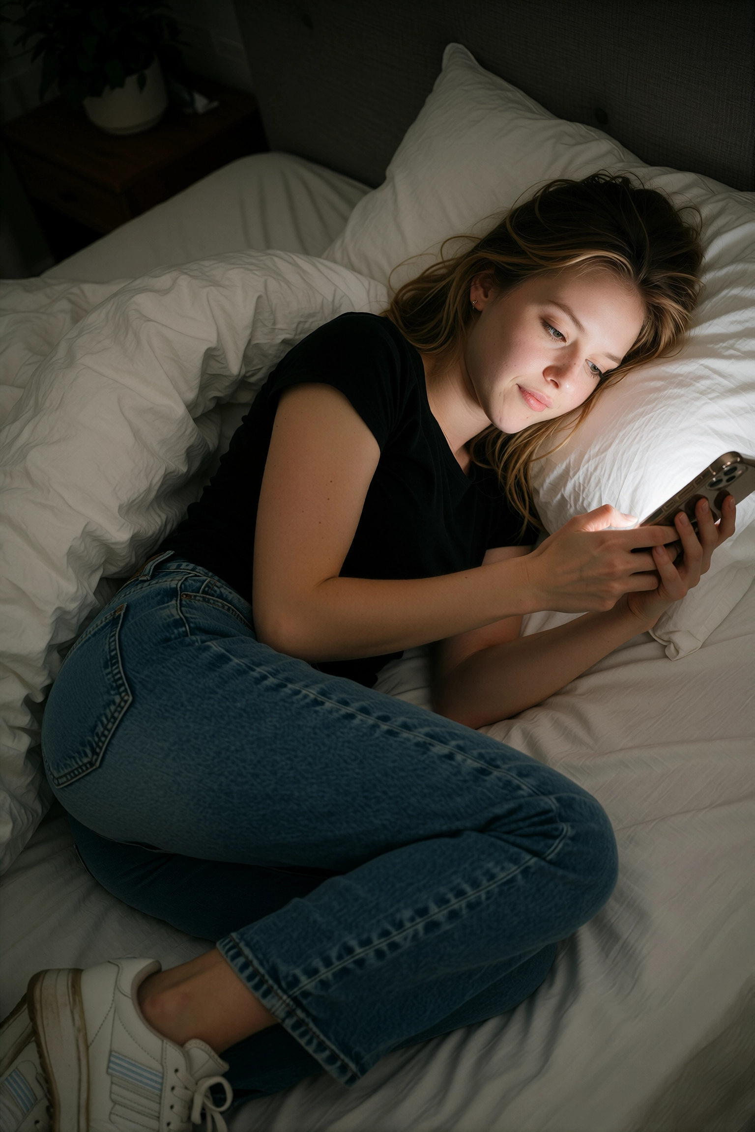 Blonde woman in a black t-shirt and jeans lying on her side on a white bed, her face lit by the phone in her hand
