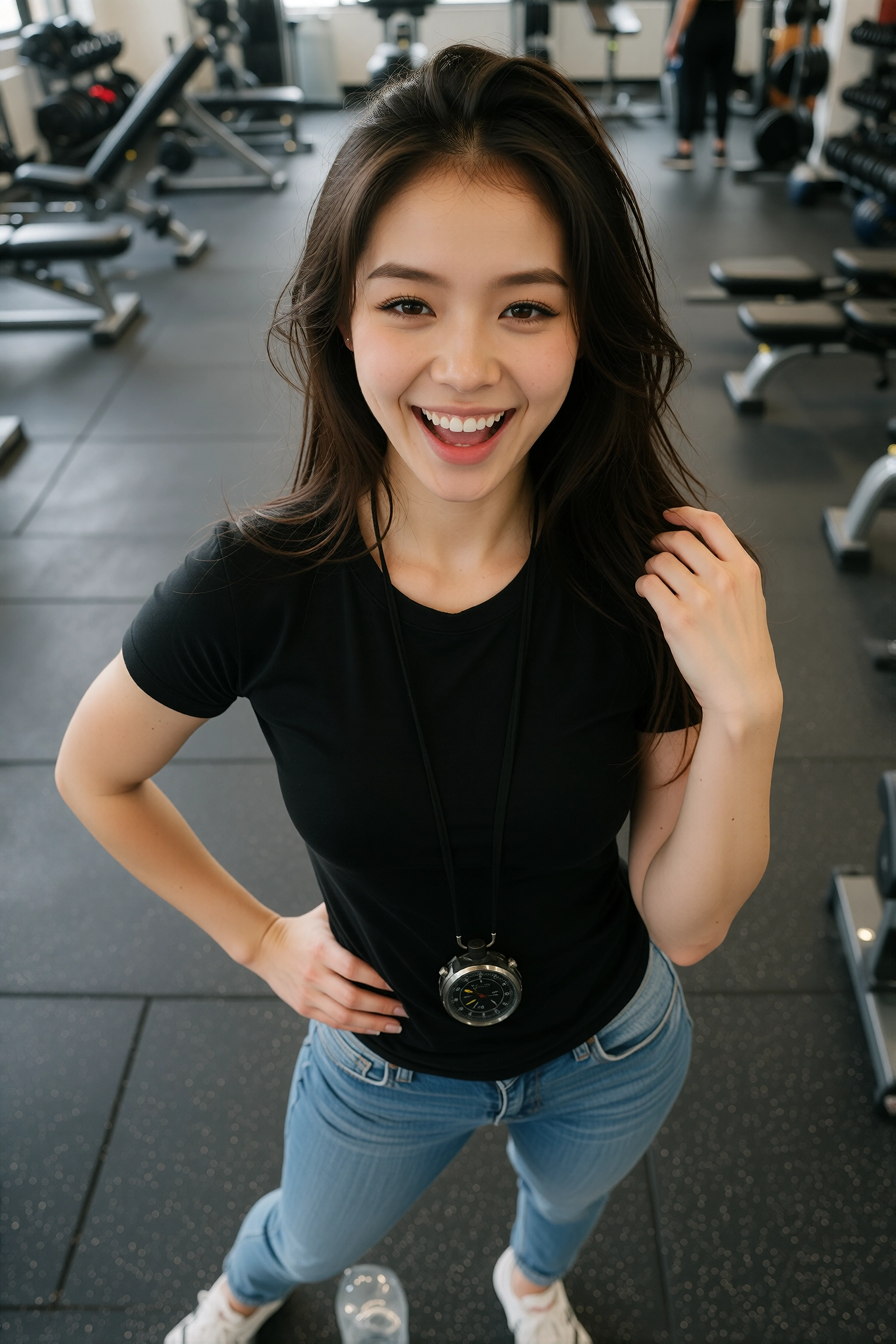 Gym girl AI in a black t-shirt and jeans with a stopwatch on a cord, smiling with a hand on her hip on a gym floor