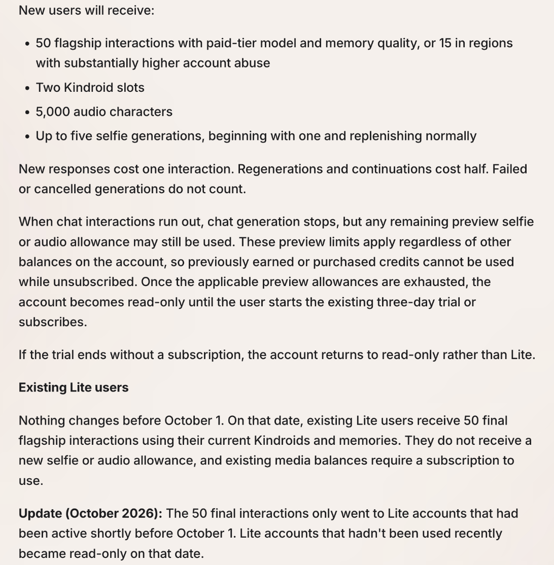 Kindroid update log listing the new-user preview of 50 flagship interactions and the 50 final messages for active Lite users