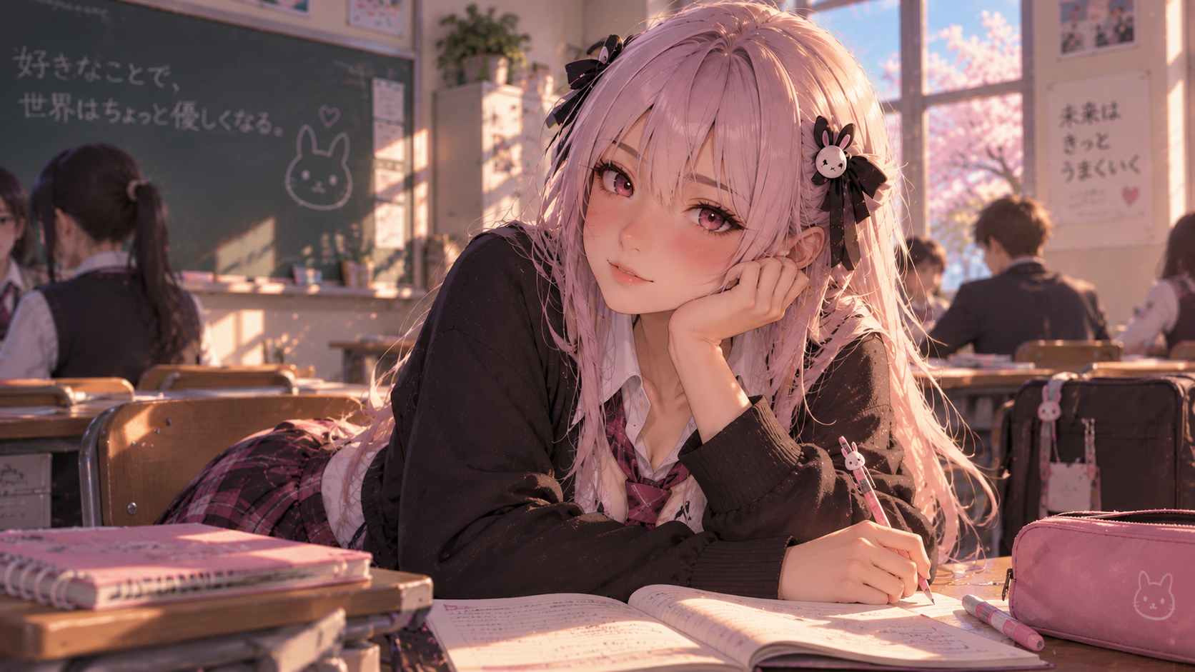 A drawn anime companion with long pink hair resting her chin on her hand at a desk by the window, cherry blossoms outside