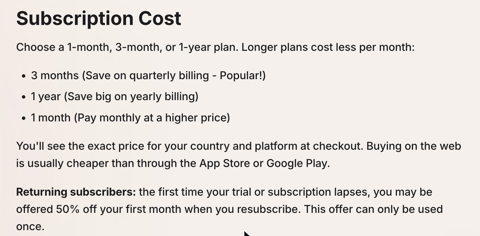 Kindroid help centre Subscription Cost section with 1-month, 3-month and 1-year plans and prices shown only at checkout