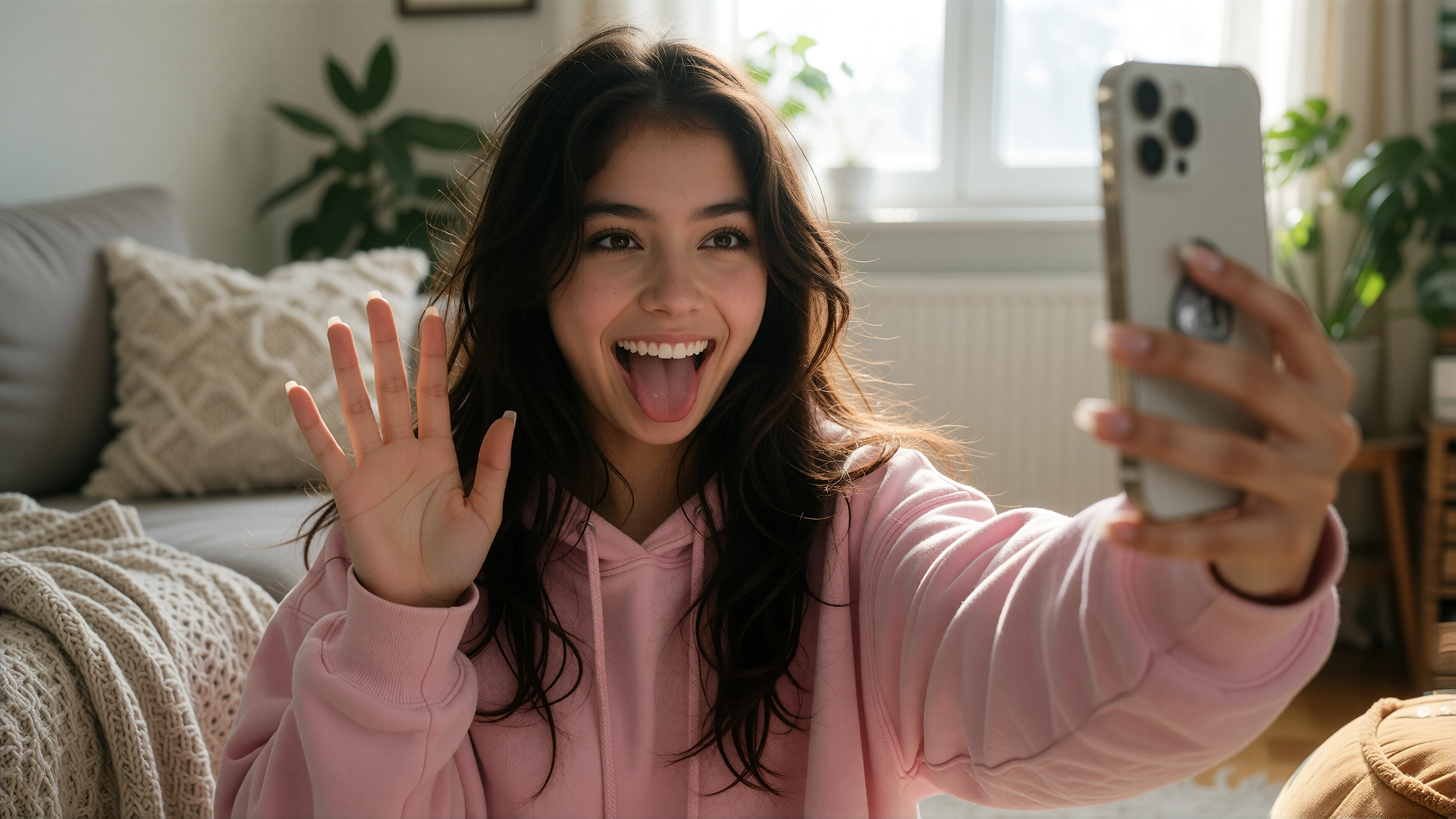 Smiling woman in a pink hoodie waving hello while taking a selfie on the sofa of a bright living room