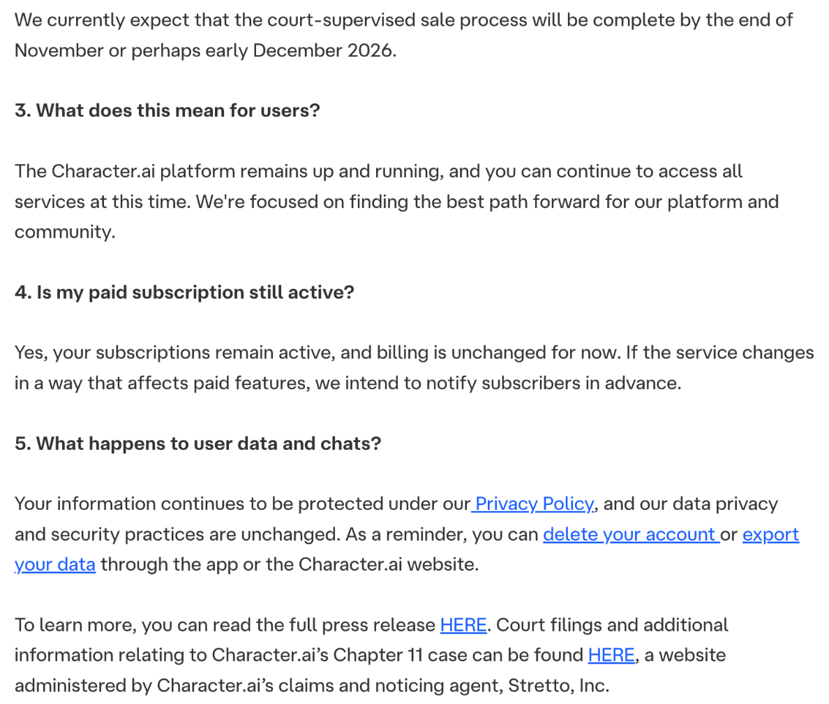 Character.AI FAQ answers saying subscriptions stay active, billing is unchanged and users can export or delete their data