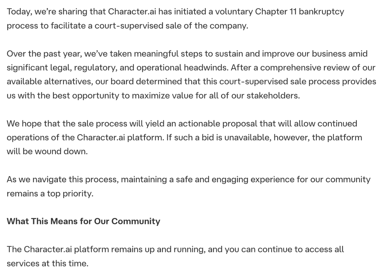 Character.AI blog text saying the platform will be wound down if the court-supervised sale brings no actionable bid