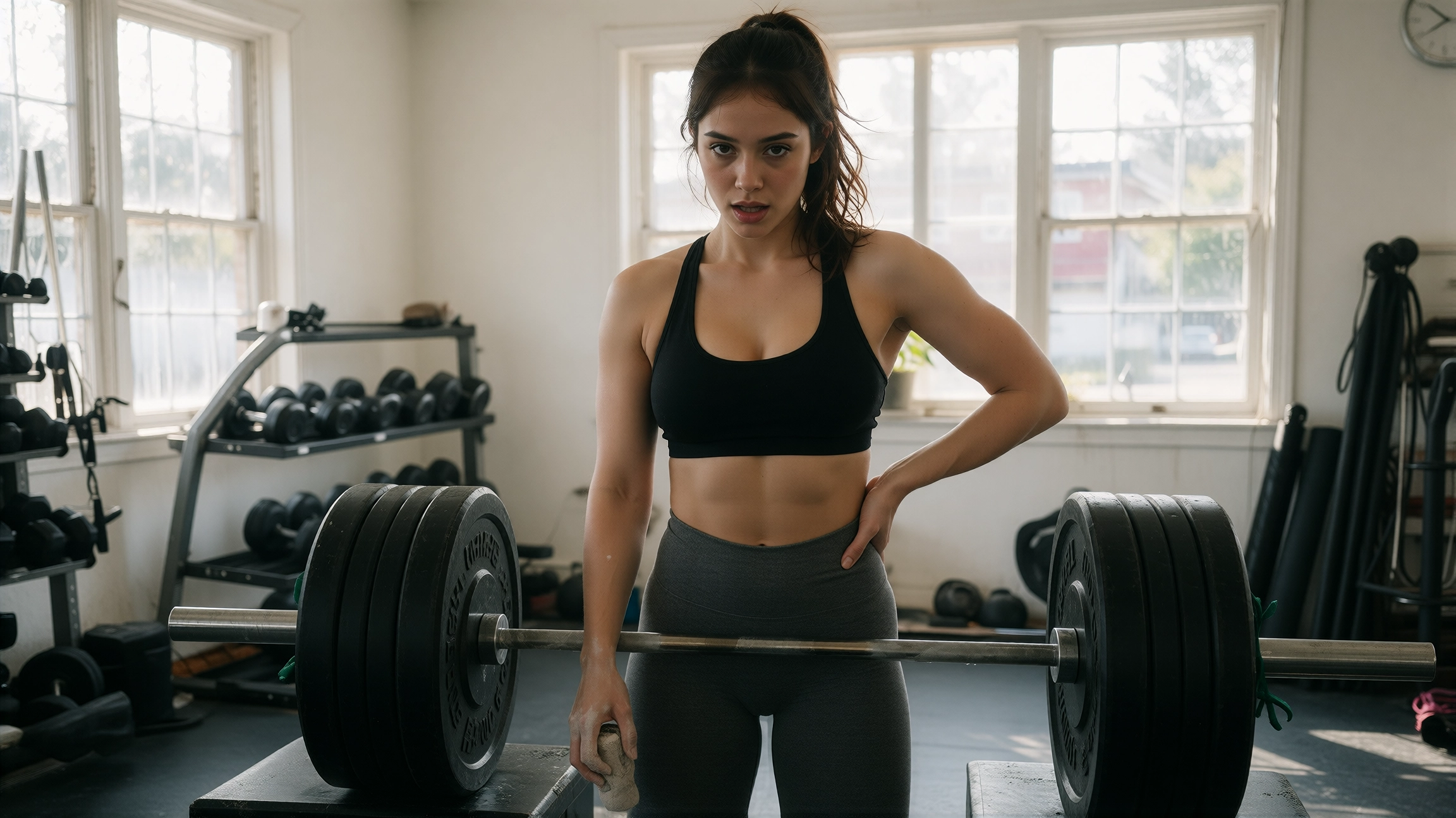 Woman with toned abs in a black sports bra and grey leggings standing behind a loaded barbell in a bright gym