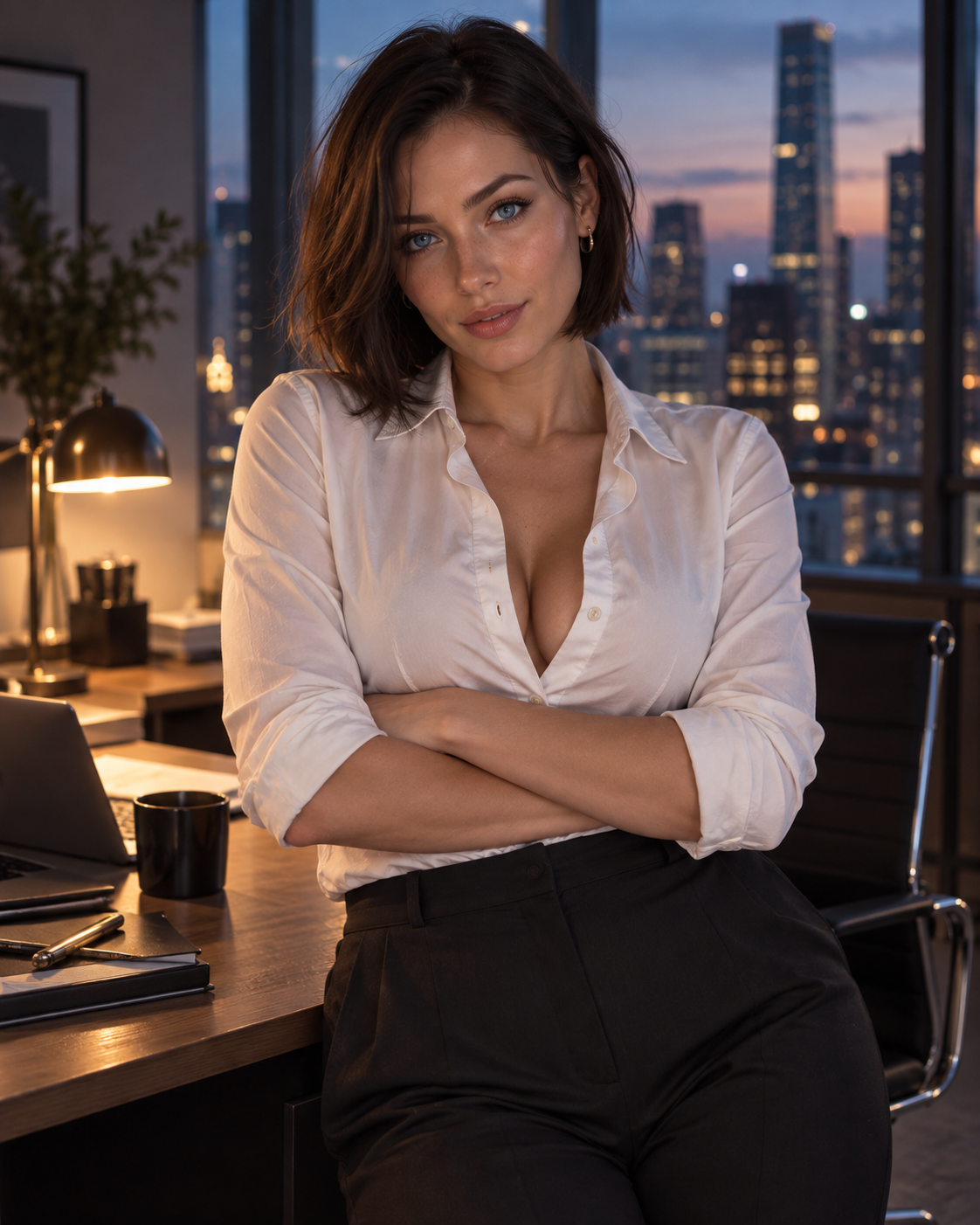 A realistic AI companion in a white shirt and dark trousers, arms crossed, leaning on an office desk above a city at dusk