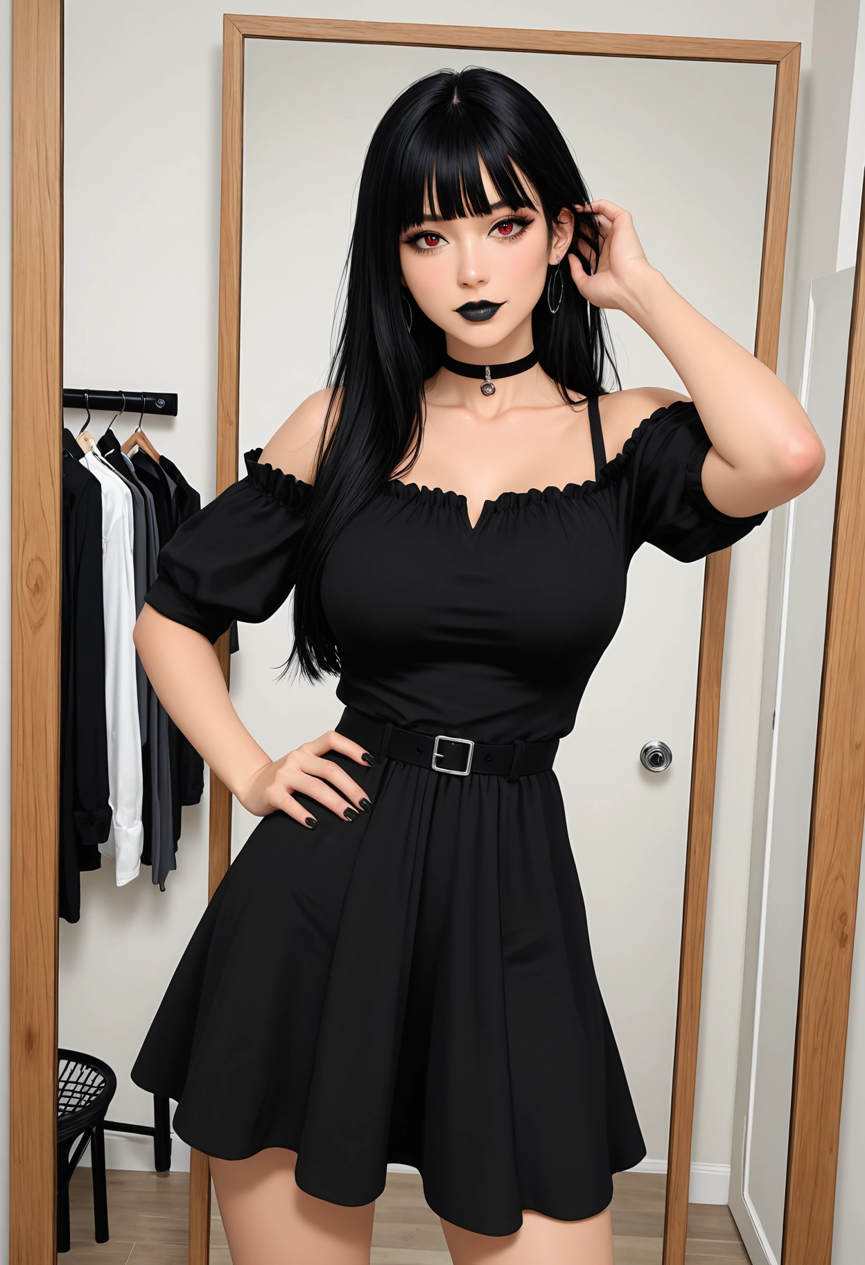 Goth AI girlfriend with long black hair, straight bangs and black lipstick in an off-shoulder black dress by a mirror