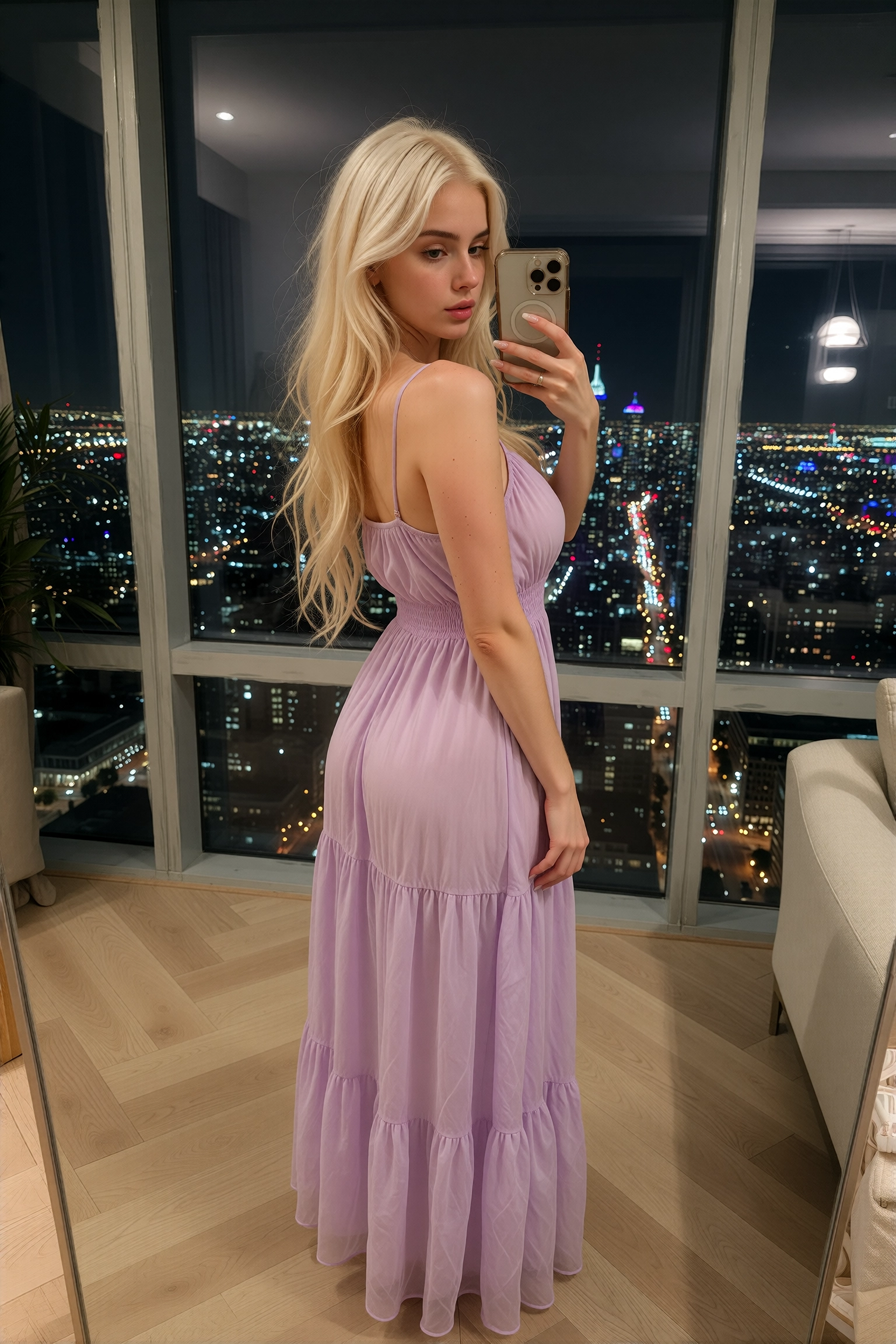 Blonde woman in a lavender tiered maxi dress taking a mirror selfie in a high-rise apartment with city lights at night