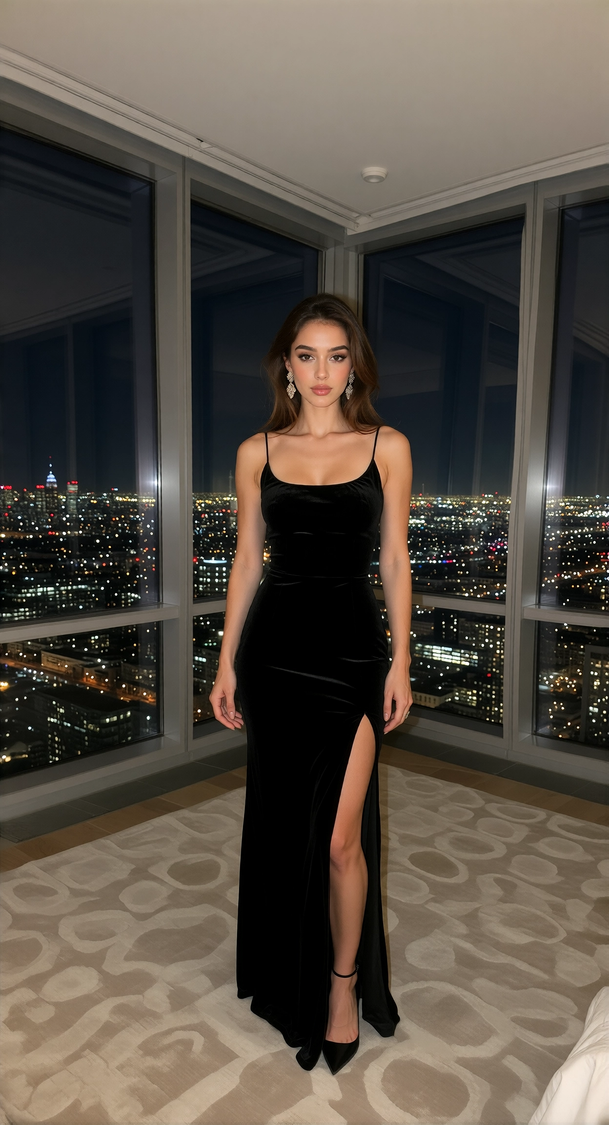 Woman in a floor-length black velvet gown with a thigh slit standing by penthouse windows over a city skyline at night