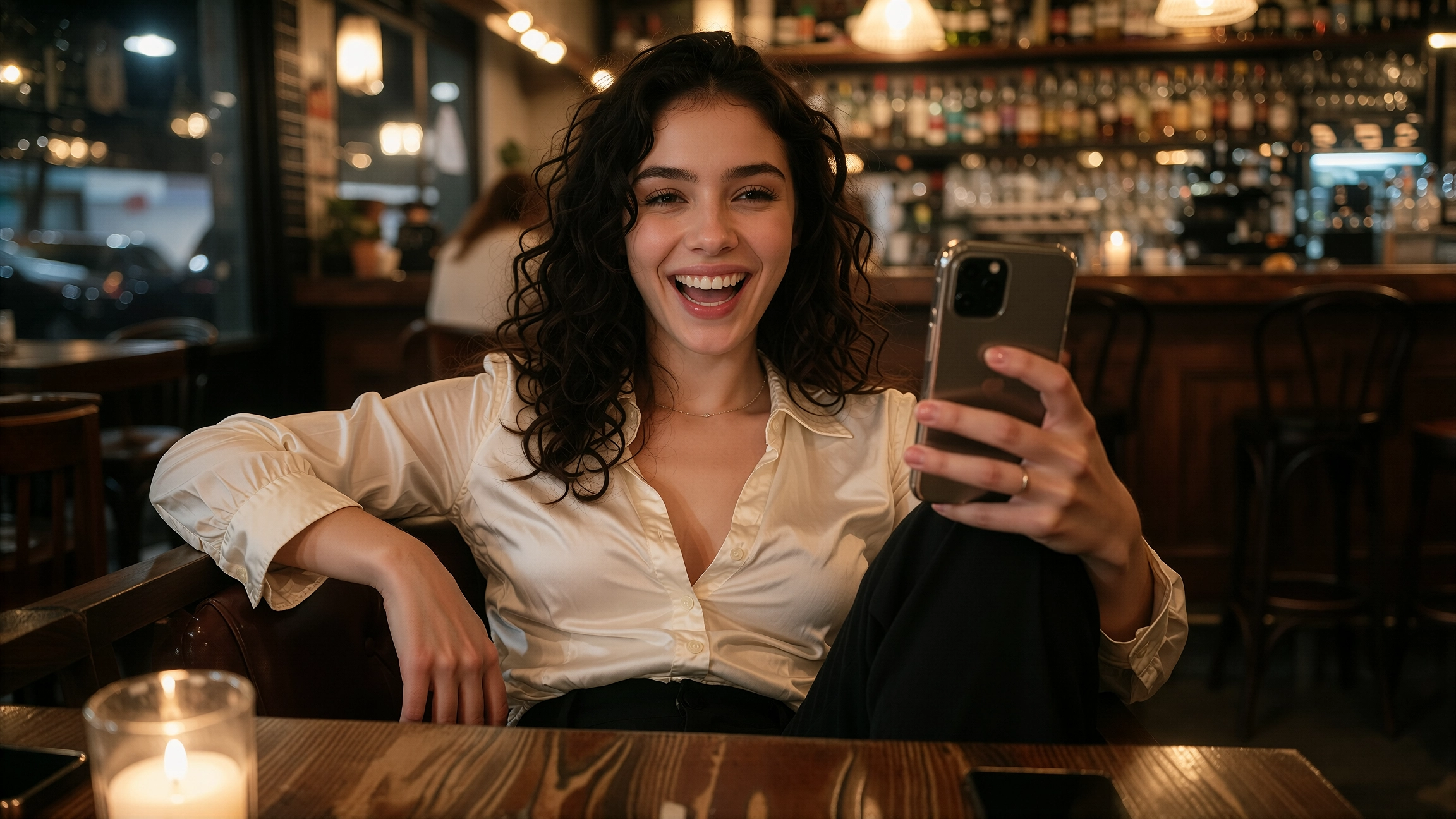 Femme aux boucles brunes en chemisier de satin crème riant à une table aux bougies d'un bar chaleureux, téléphone levé