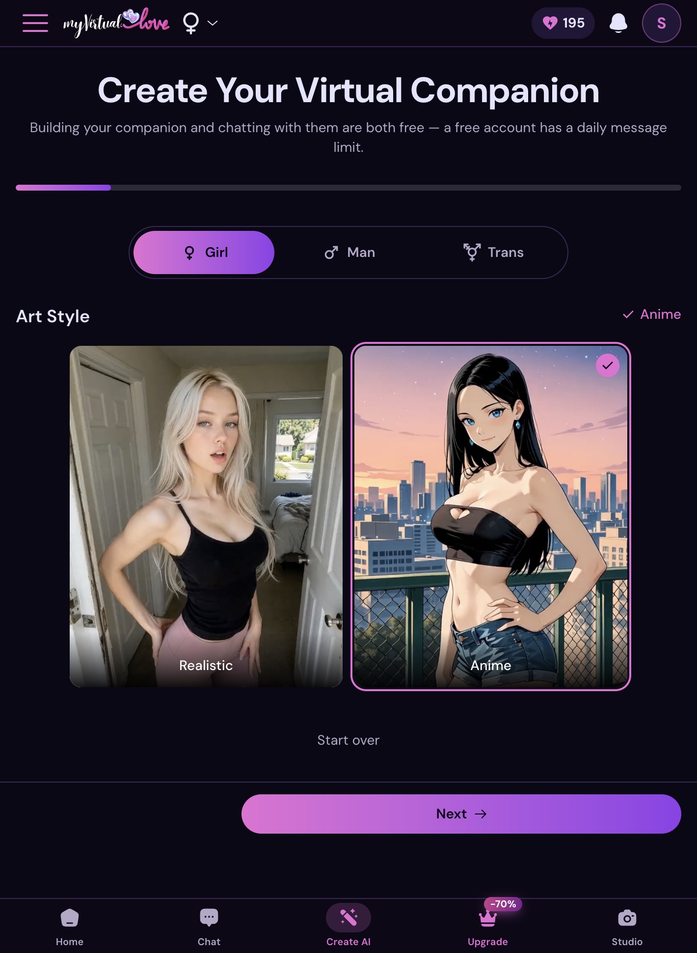 Create flow on myVirtual.love with Girl selected and Anime art style checked