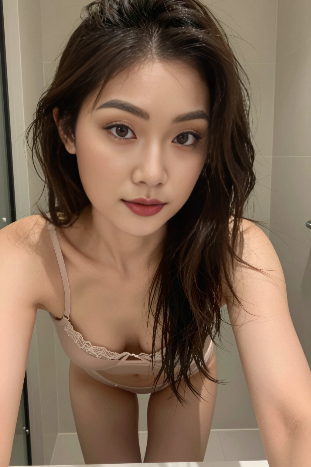 A realistic AI companion with damp dark hair in a beige lace bra, leaning in for a selfie in a tiled bathroom