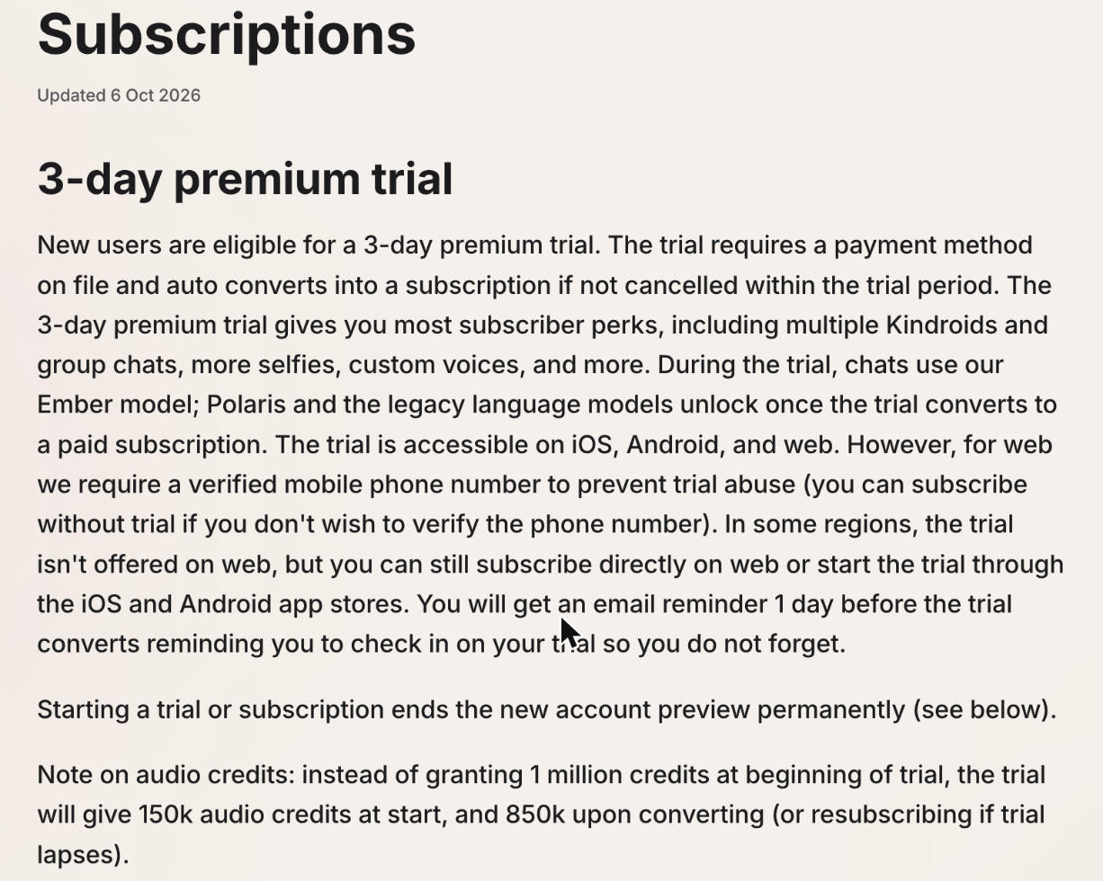 Kindroid help centre on the 3-day premium trial, which needs a payment method and converts to a subscription unless cancelled