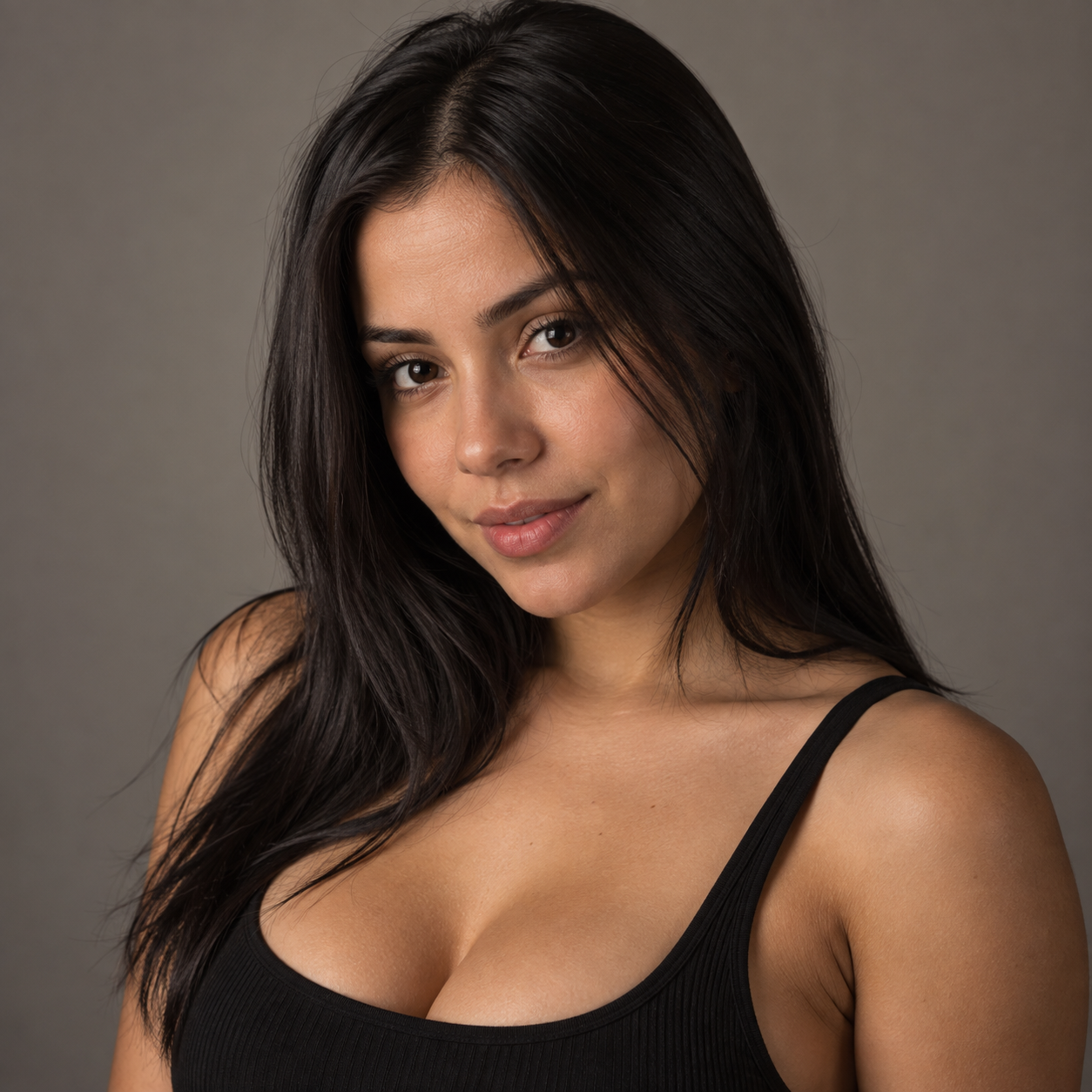 A realistic AI companion with long black hair in a black tank top, smiling with her head tilted against a grey backdrop