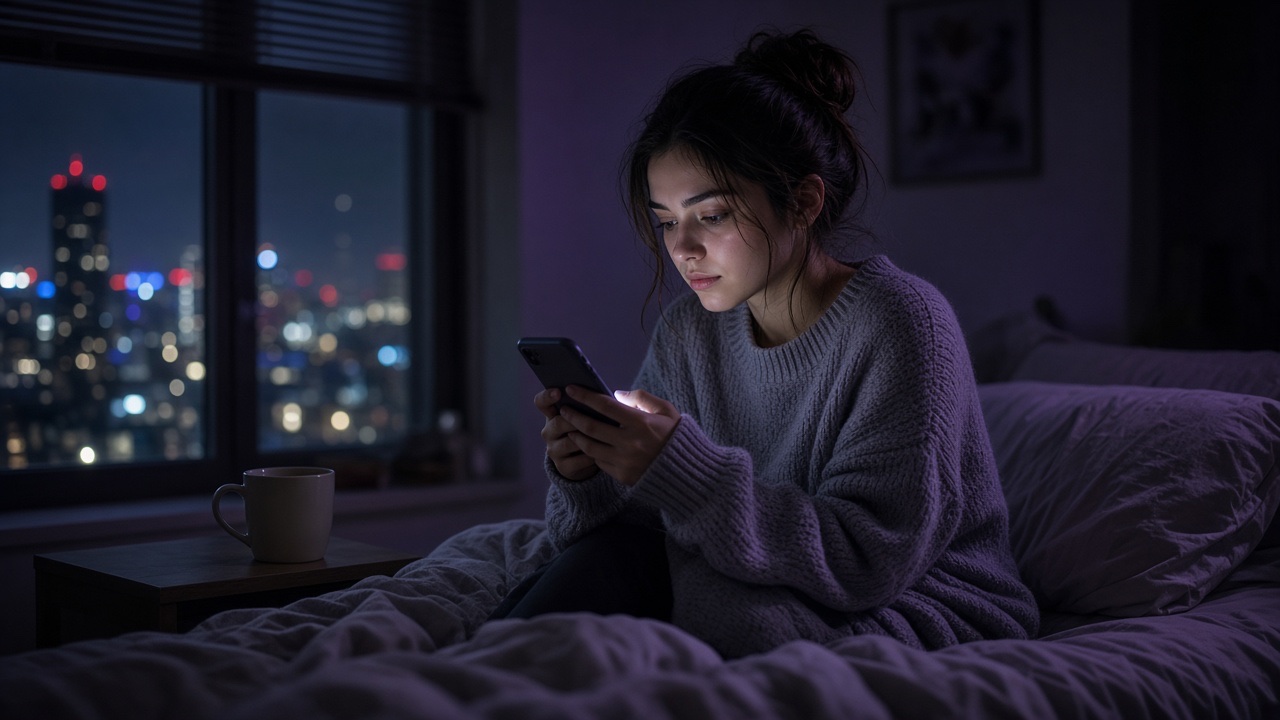 Woman alone at night on her bed, phone glowing, city lights through the window