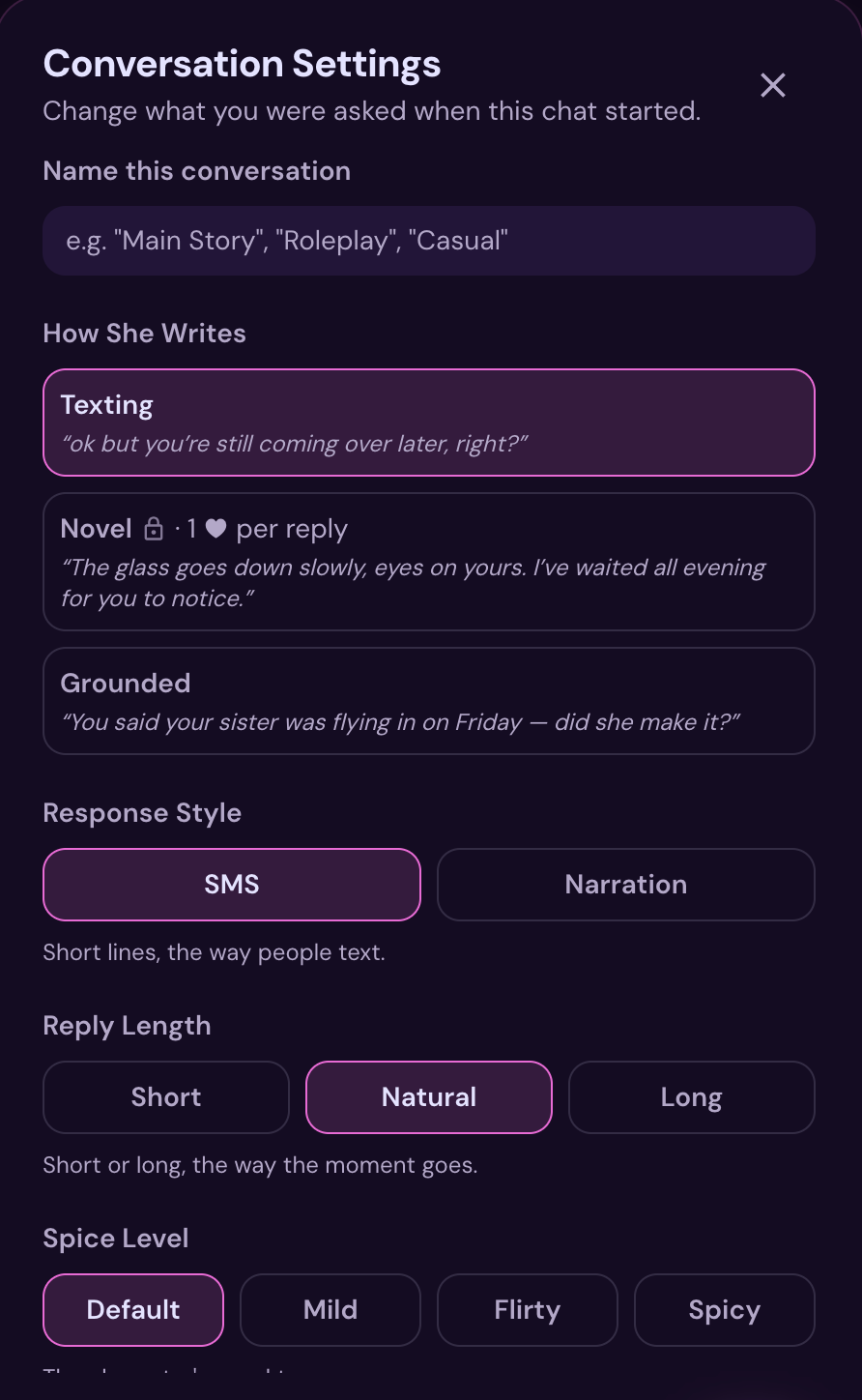 Response style, reply length, spice level and OOC chat rules in myVirtual.love Conversation Settings