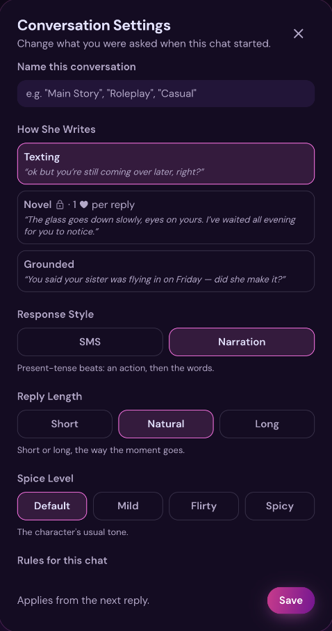 Conversation Settings in a myVirtual.love chat: How She Writes, Reply Length and Spice Level from Default to Spicy