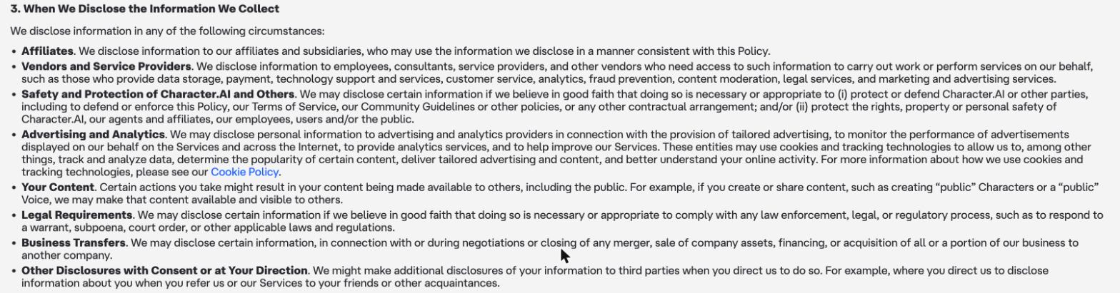 Character.AI privacy policy list of disclosures with the Business Transfers clause covering mergers and asset sales