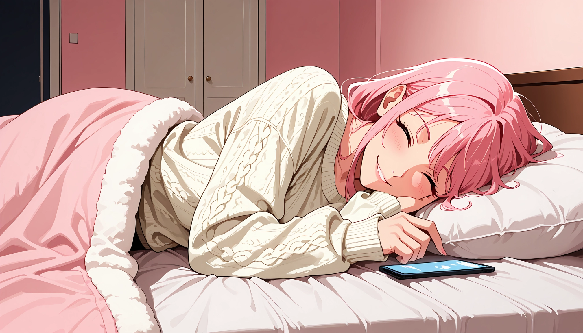 Femme anime aux cheveux roses courts en pull crème qui somnole en souriant au lit, son téléphone allumé près de la main