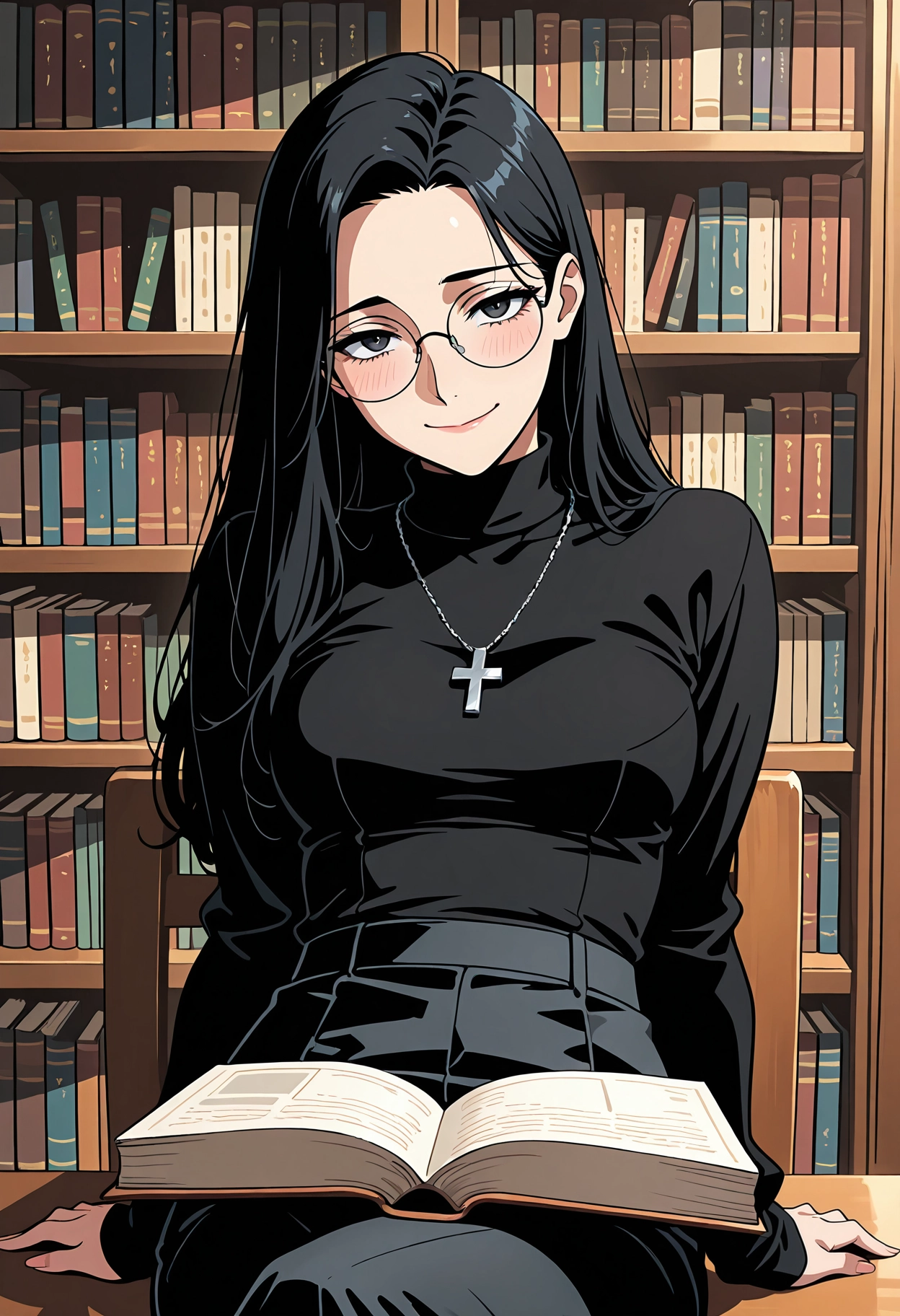 Anime goth woman with long black hair, round glasses and a silver cross reading an old book in a dim library