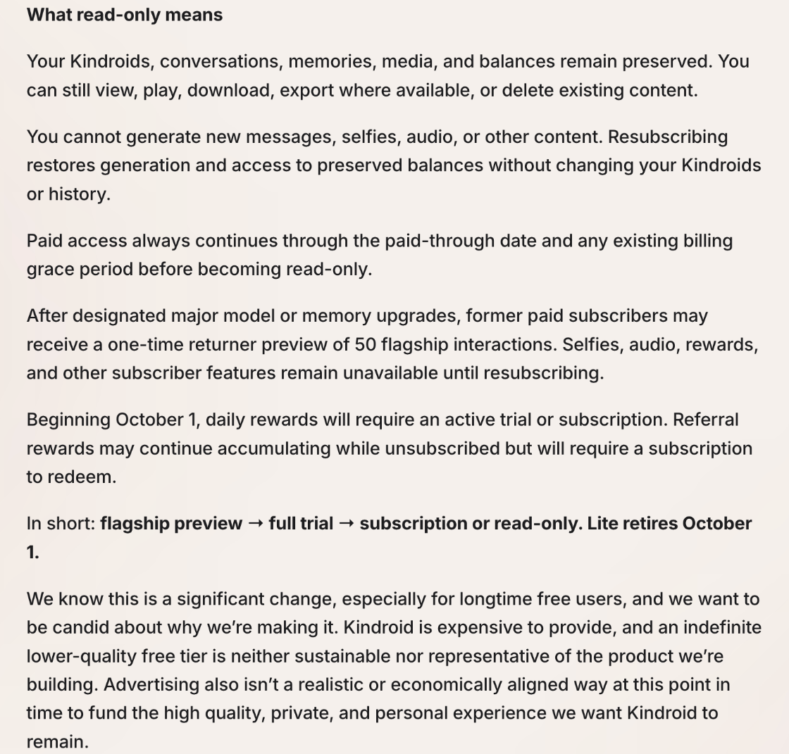 Kindroid update log on read-only accounts, which keep their Kins and chats but cannot generate anything new, plus why Lite ended