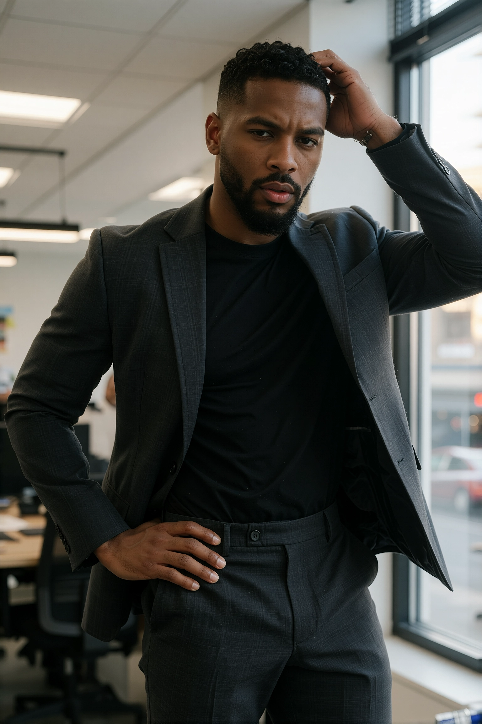 Black man in a charcoal suit jacket over a black tee by an office window, short fade and beard, calm ambitious look