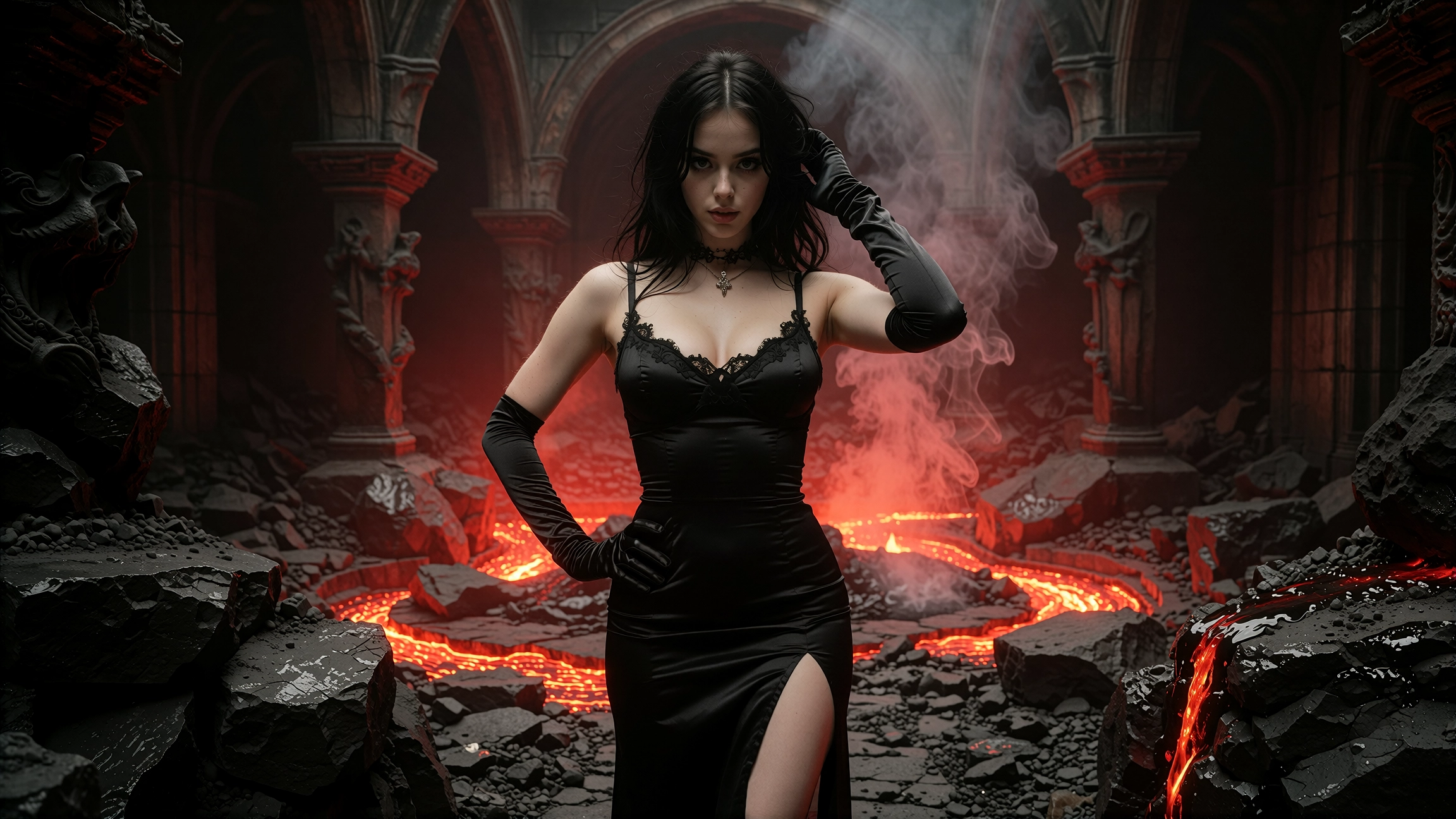 Goth woman in a black satin gown and long black gloves among dark rocks with a deep red glow and drifting smoke