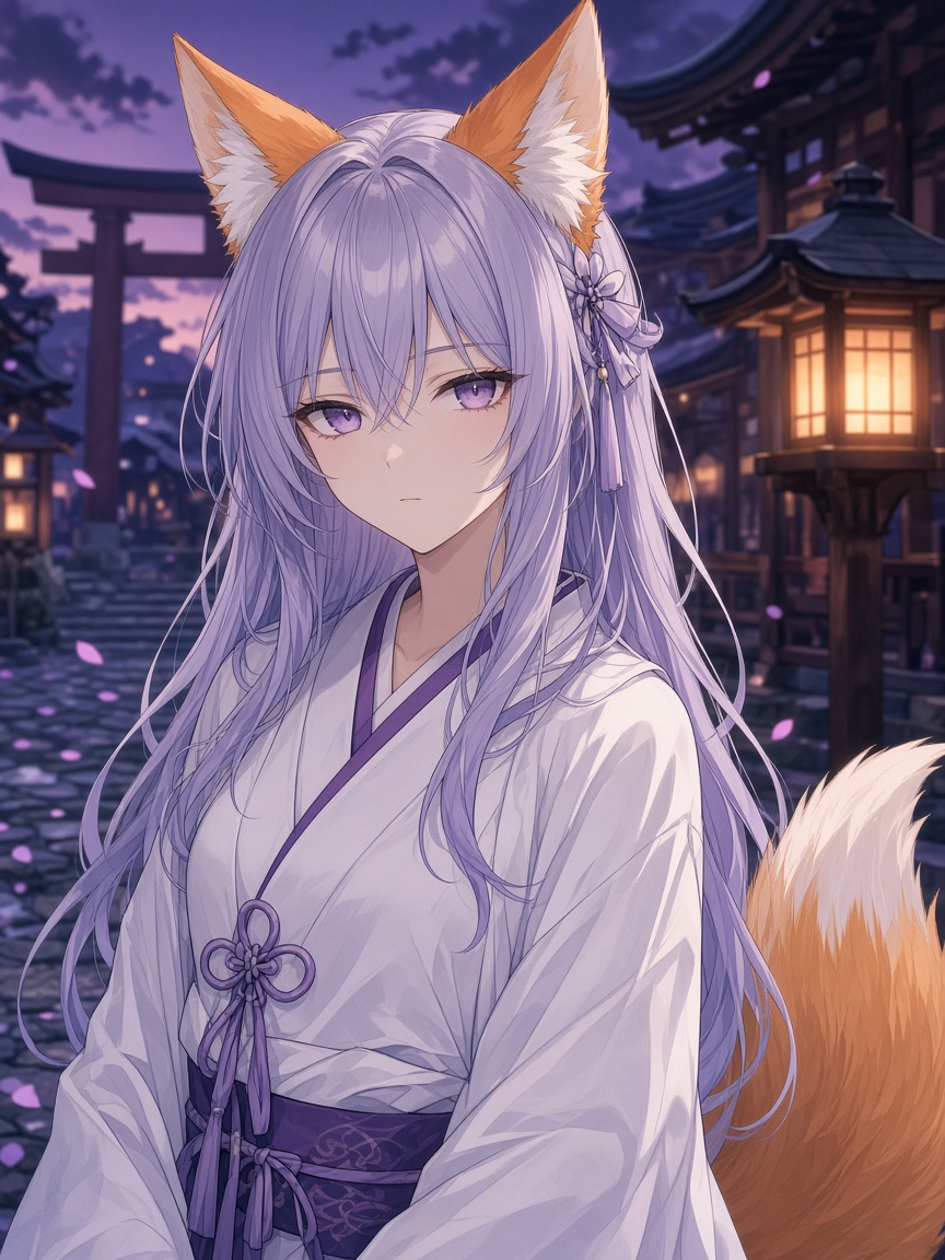 Anime foxgirl shrine maiden with silver-lavender hair in a lantern-lit courtyard