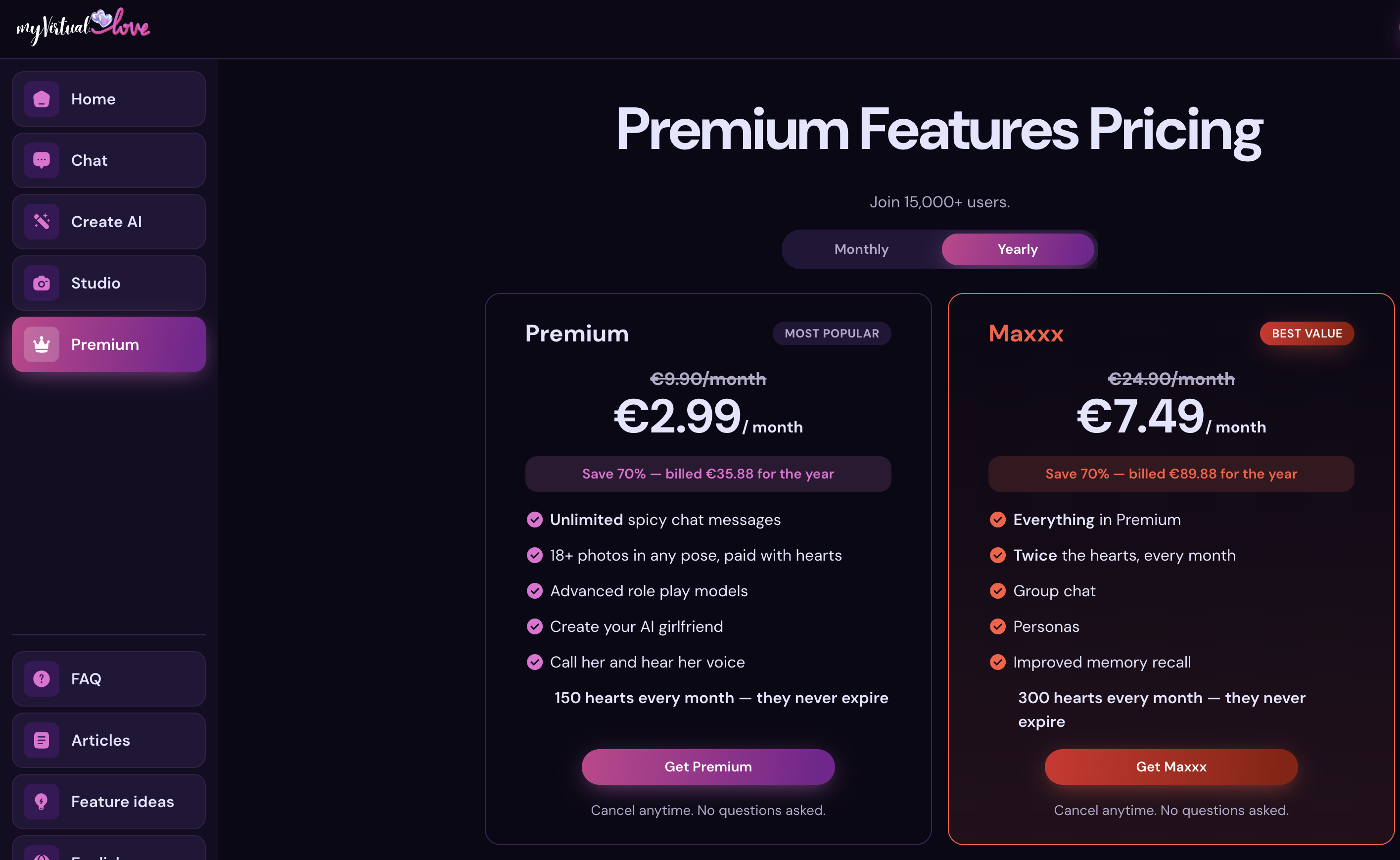 myVirtual.love's pricing page on yearly billing: Premium at €2.99 a month, Maxxx at €7.49 a month