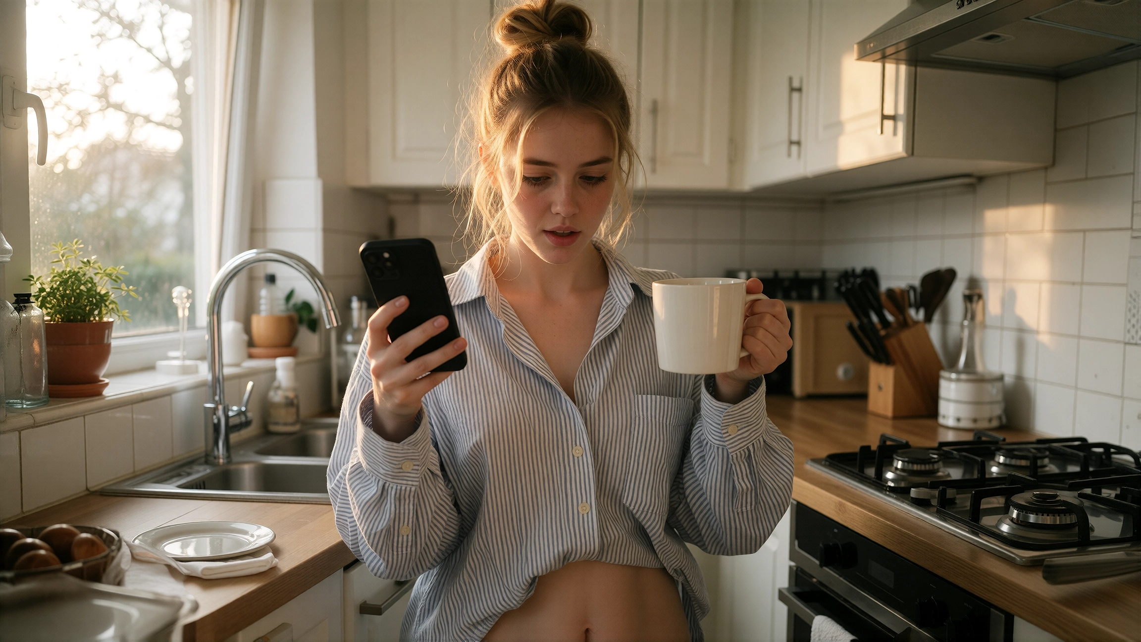 Woman in a striped shirt reading news on her phone with a coffee mug in her other hand at a sunny kitchen counter