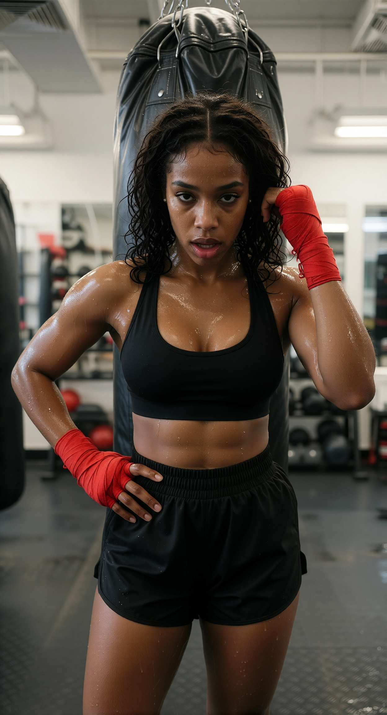 Woman boxer in red hand wraps, a black sports bra and fight shorts standing in front of a heavy bag in a boxing gym