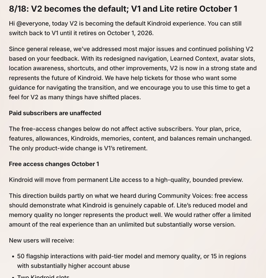 Kindroid update log entry of 18 August: V1 and the Kindroid free Lite plan retire on 1 October, replaced by a bounded preview