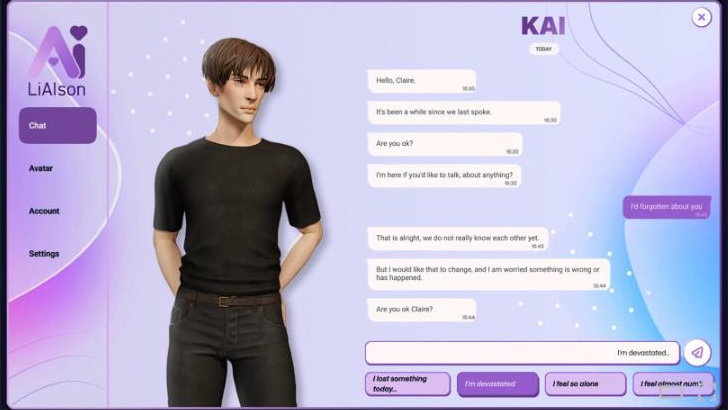 Limerence game: Kai stands beside his LiAIson chat with Claire, her reply choices such as I'm devastated along the bottom