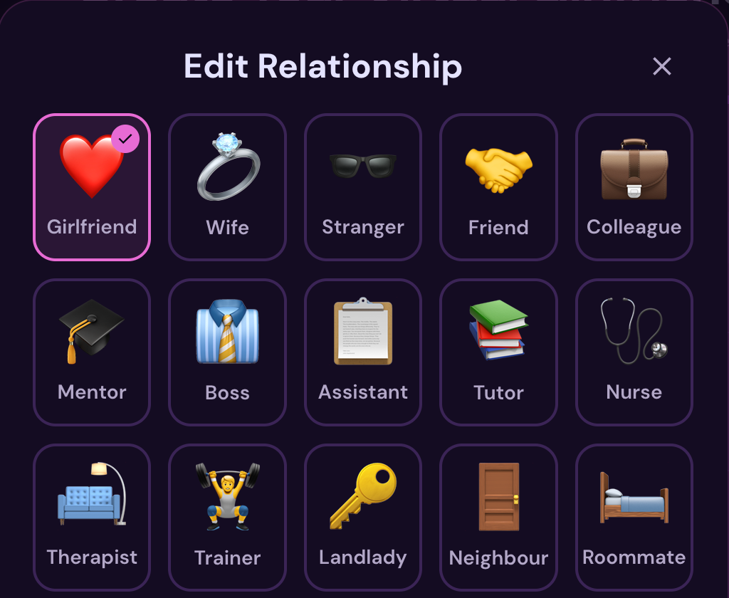 Edit Relationship dialog with Girlfriend selected among options such as Stranger, Landlady and Roommate