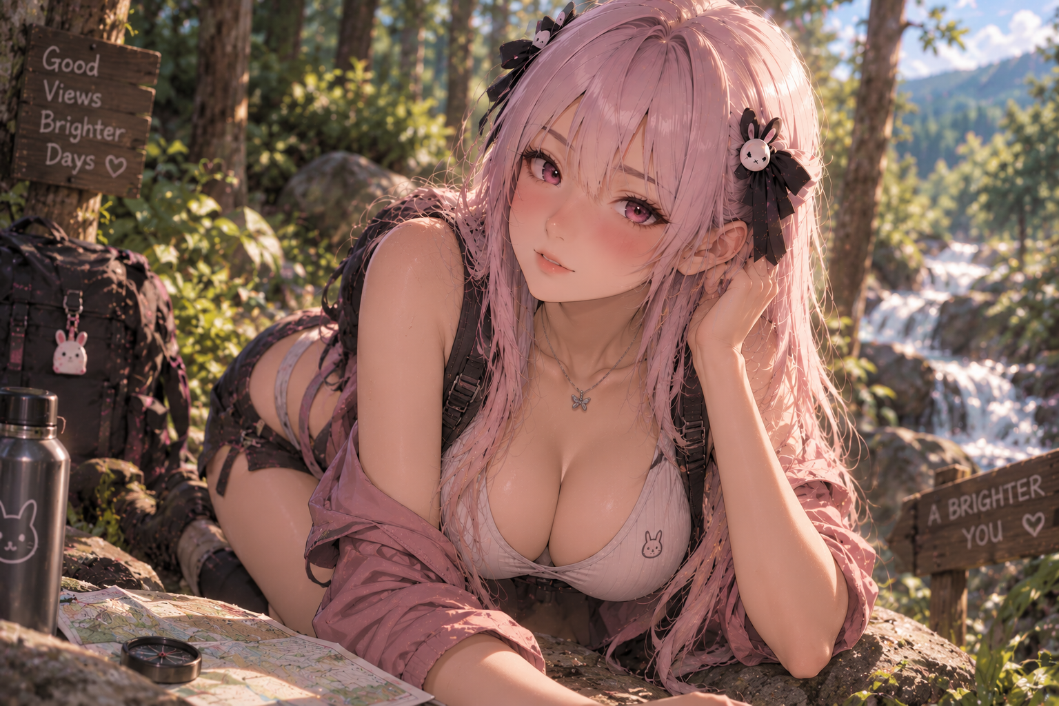 The same pink-haired anime companion on a forest hike, leaning over a map and compass near a waterfall