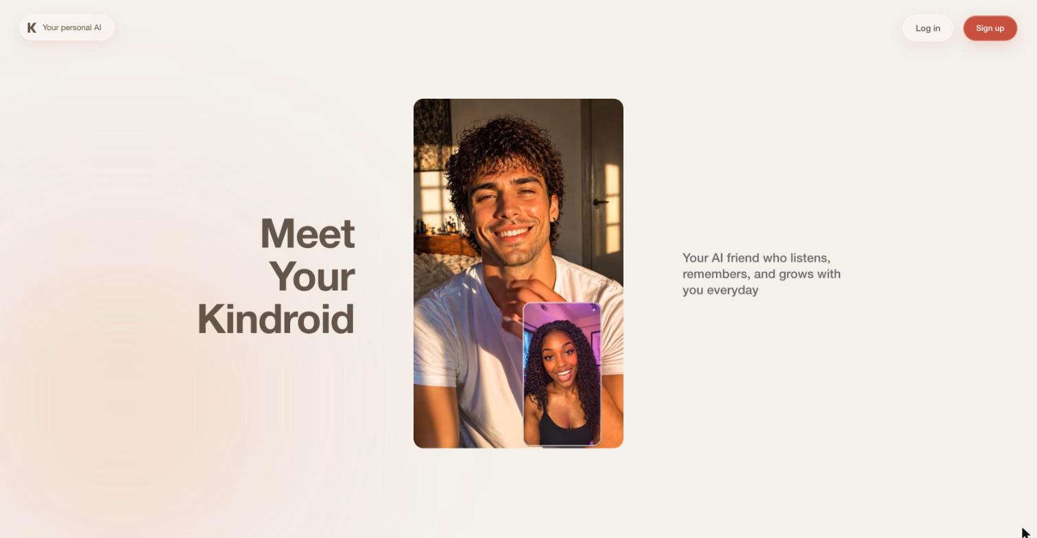 Kindroid homepage with the headline Meet Your Kindroid and a video call window showing a smiling man and a woman
