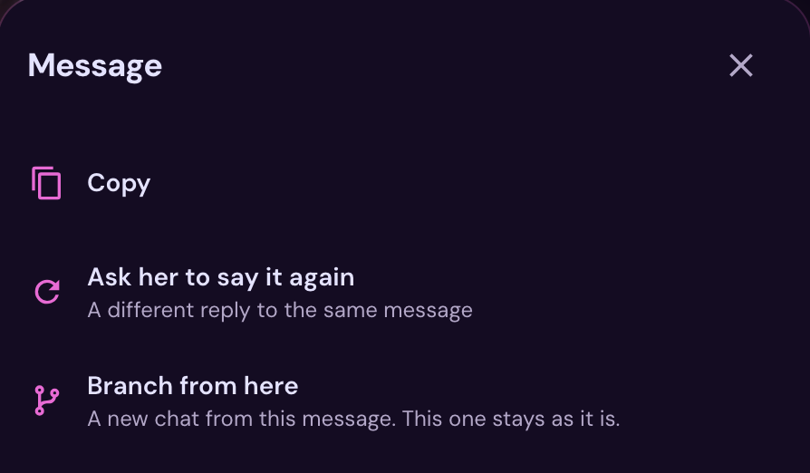 Message menu with Copy, Ask her to say it again and Branch from here