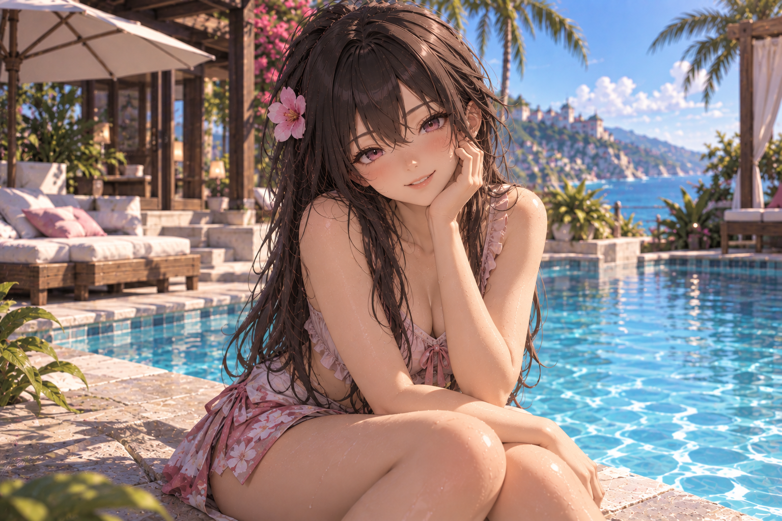 A smiling anime companion with a pink flower in her hair, sitting by a resort pool above the sea