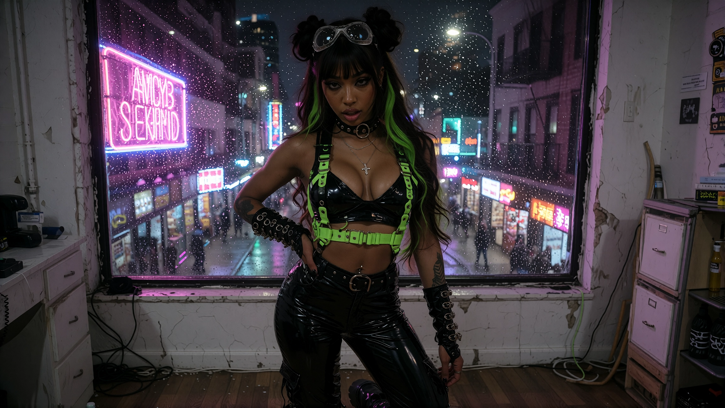 Cyber goth woman in a neon green buckled top, black vinyl trousers and goggles on a glowing neon street