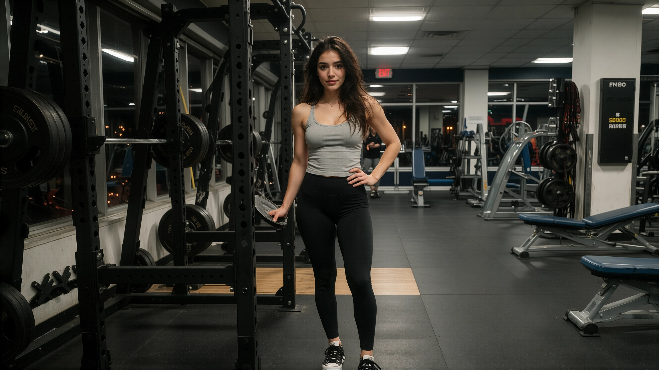 Woman in a grey tank top and black leggings standing beside a squat rack in a near-empty gym at night, hand on her hip