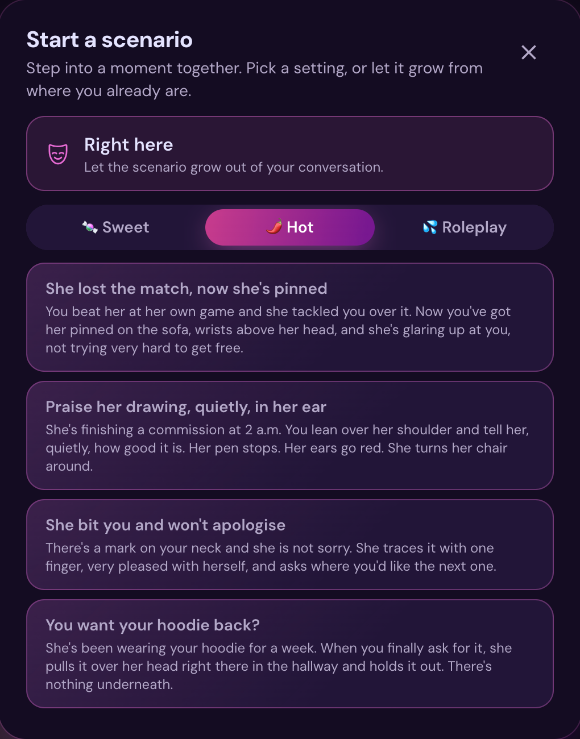 Start a scenario dialog on the Hot tab with four scenes, including Praise her drawing, quietly, in her ear