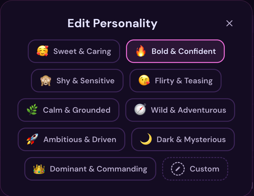 Personality options for an AI girlfriend for introverts, including Calm & Grounded and Shy & Sensitive