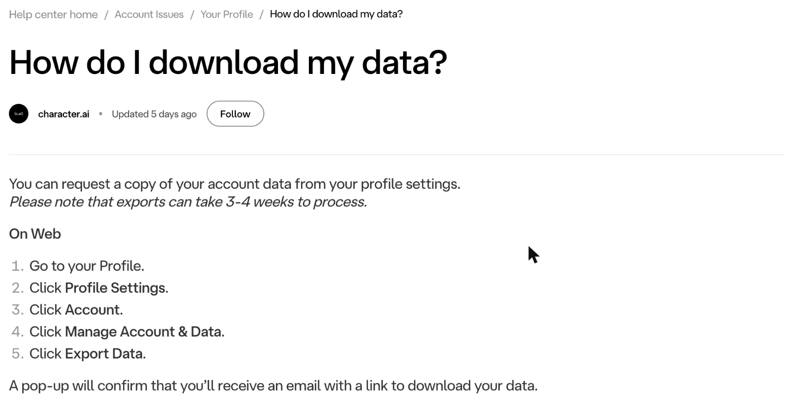 Character.AI help centre page How do I download my data with the 3-4 week export warning and the five web steps