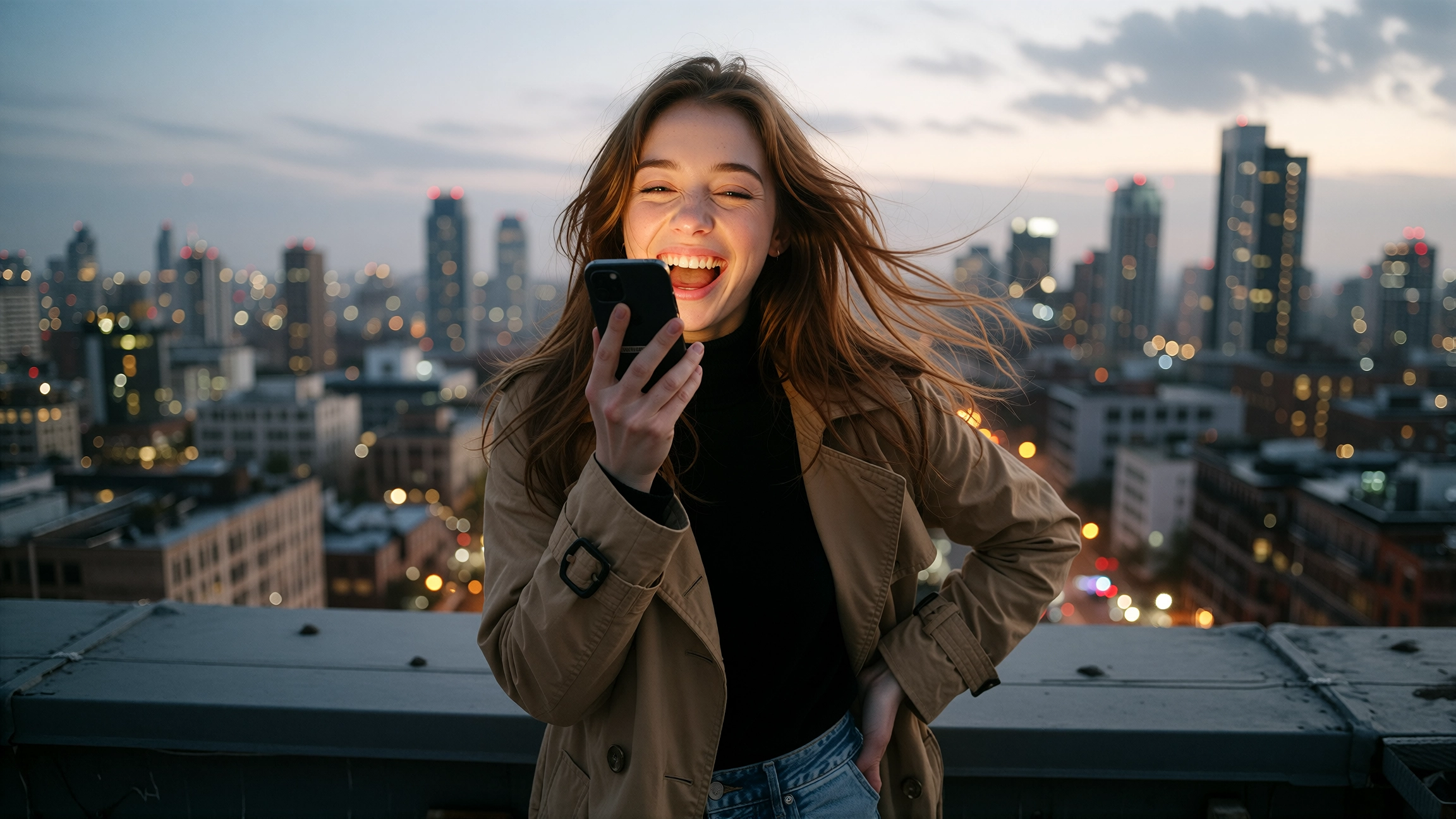 Woman in a camel trench coat laughing on a city rooftop at dusk, holding her phone near her mouth to record a voice note