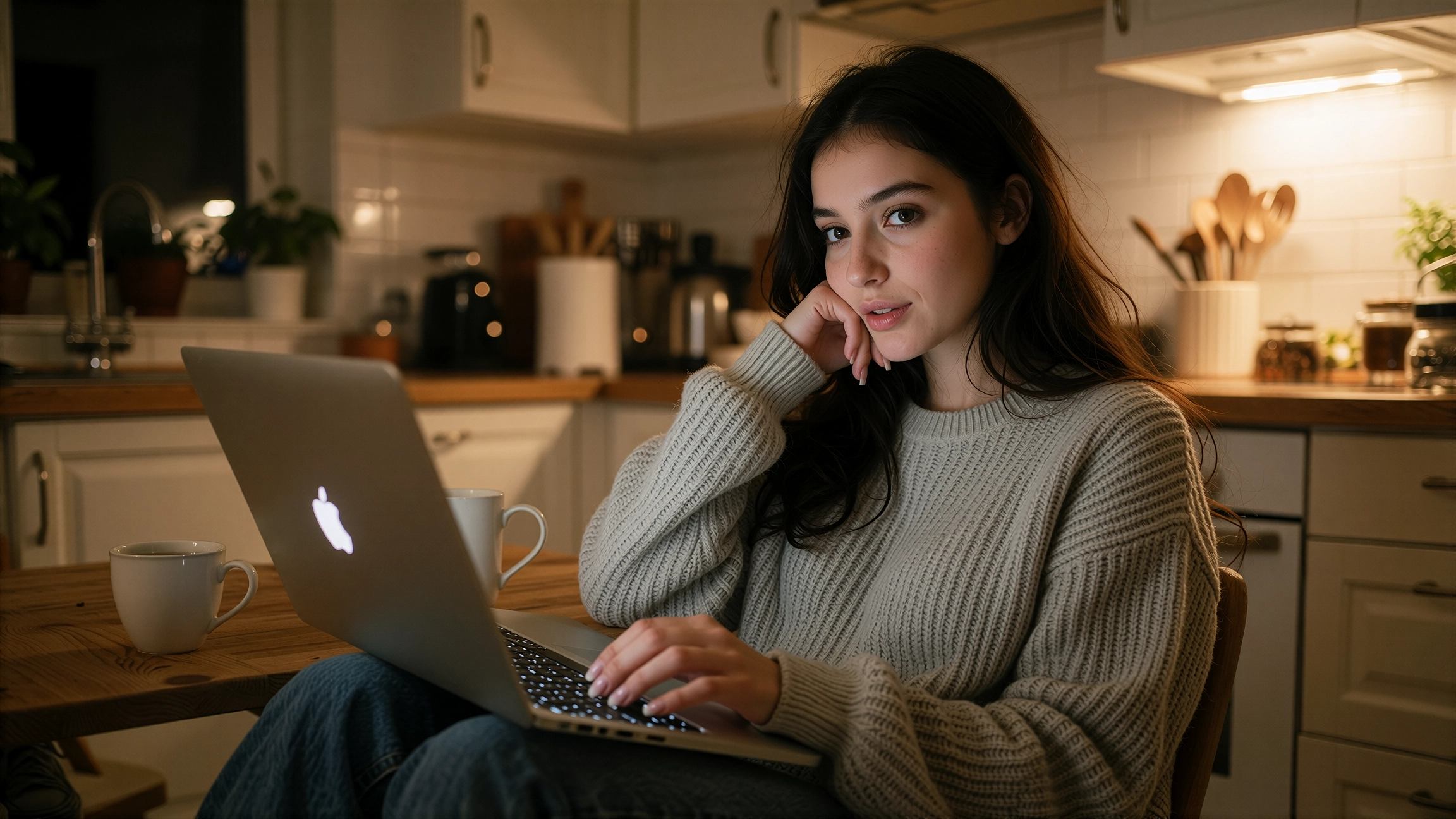 Femme aux longs cheveux bruns en gros pull à la table de la cuisine le soir, tapant sur un ordinateur avec un demi-sourire