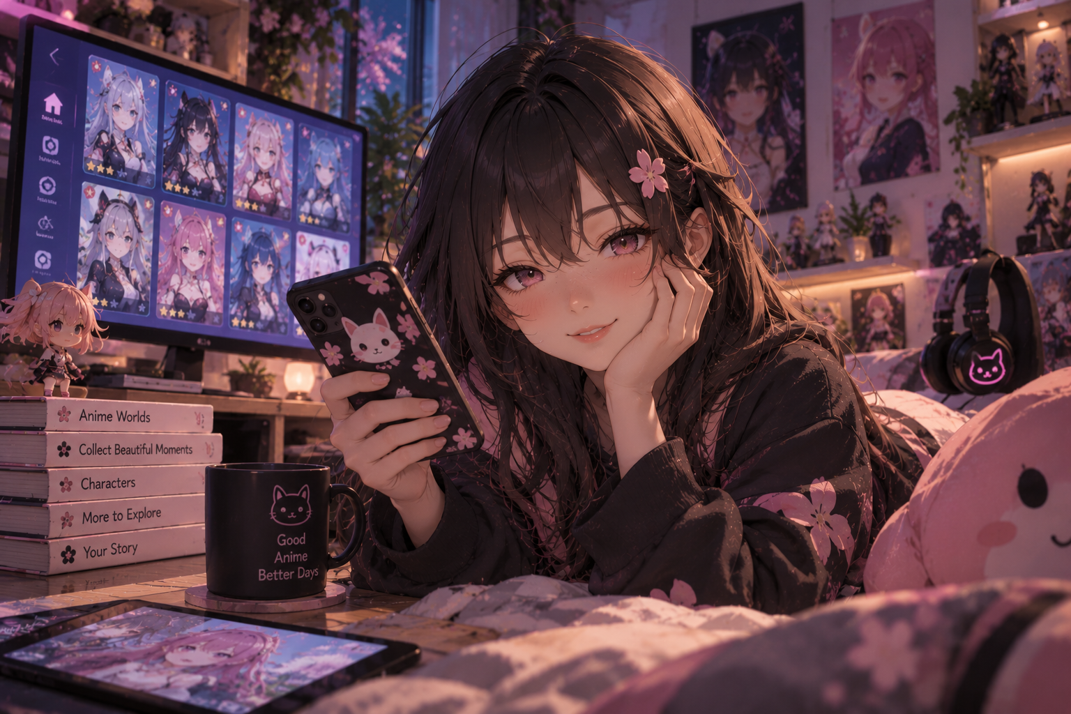 A dark-haired anime companion with her phone in a room of anime posters and figures, a gacha-style card grid on the monitor