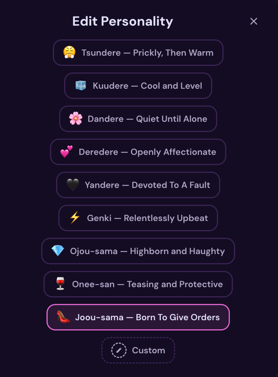 Anime personality types on myVirtual.love, including Dandere and Kuudere